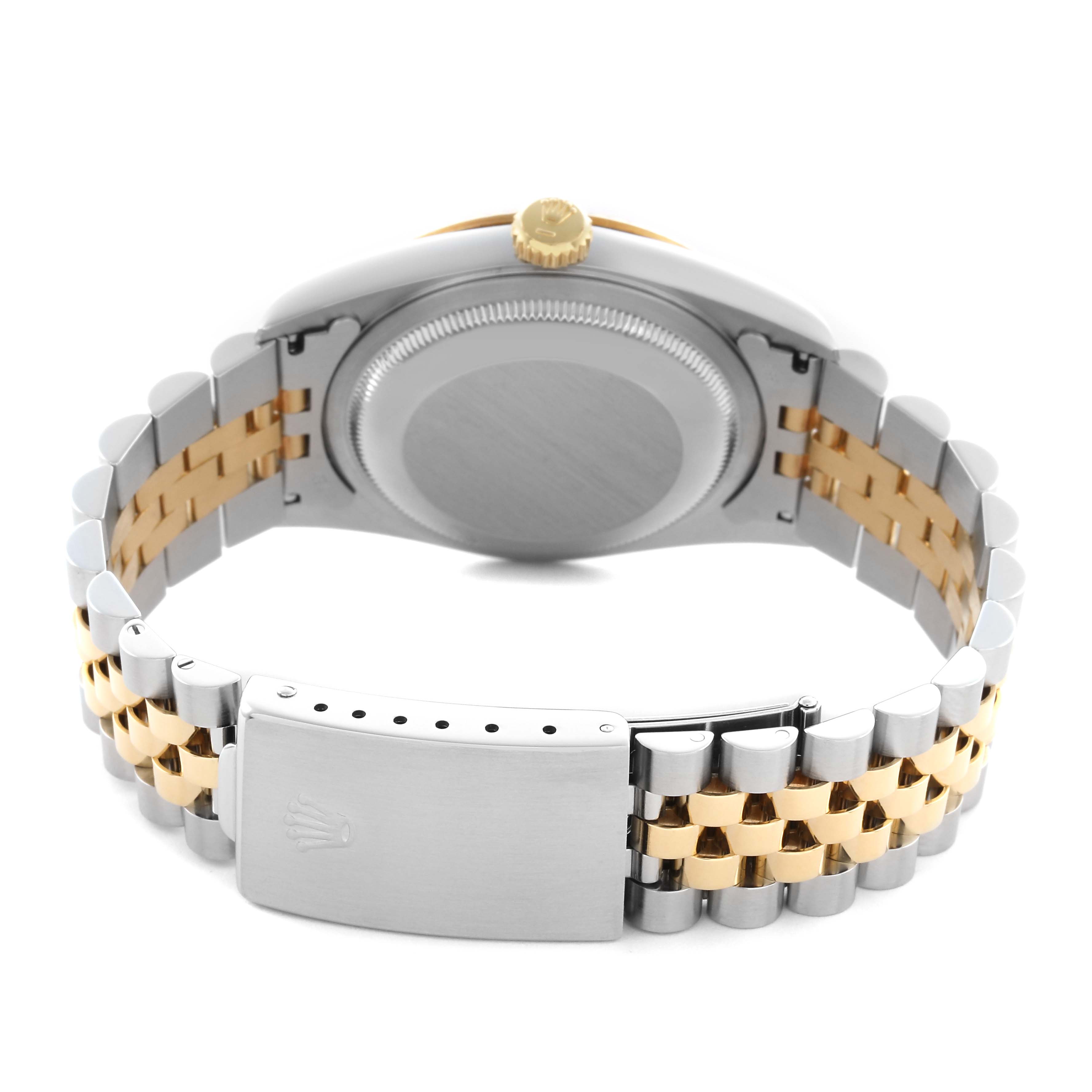 The Rolex Datejust 16233 Men
s Steel and Gold (two tone) Champagne Dial 16233 Men
s Steel and Gold (two tone) Champagne Dial watch is shown from the back, highlighting the case, crown, and two-tone Jubilee bracelet with clasp.