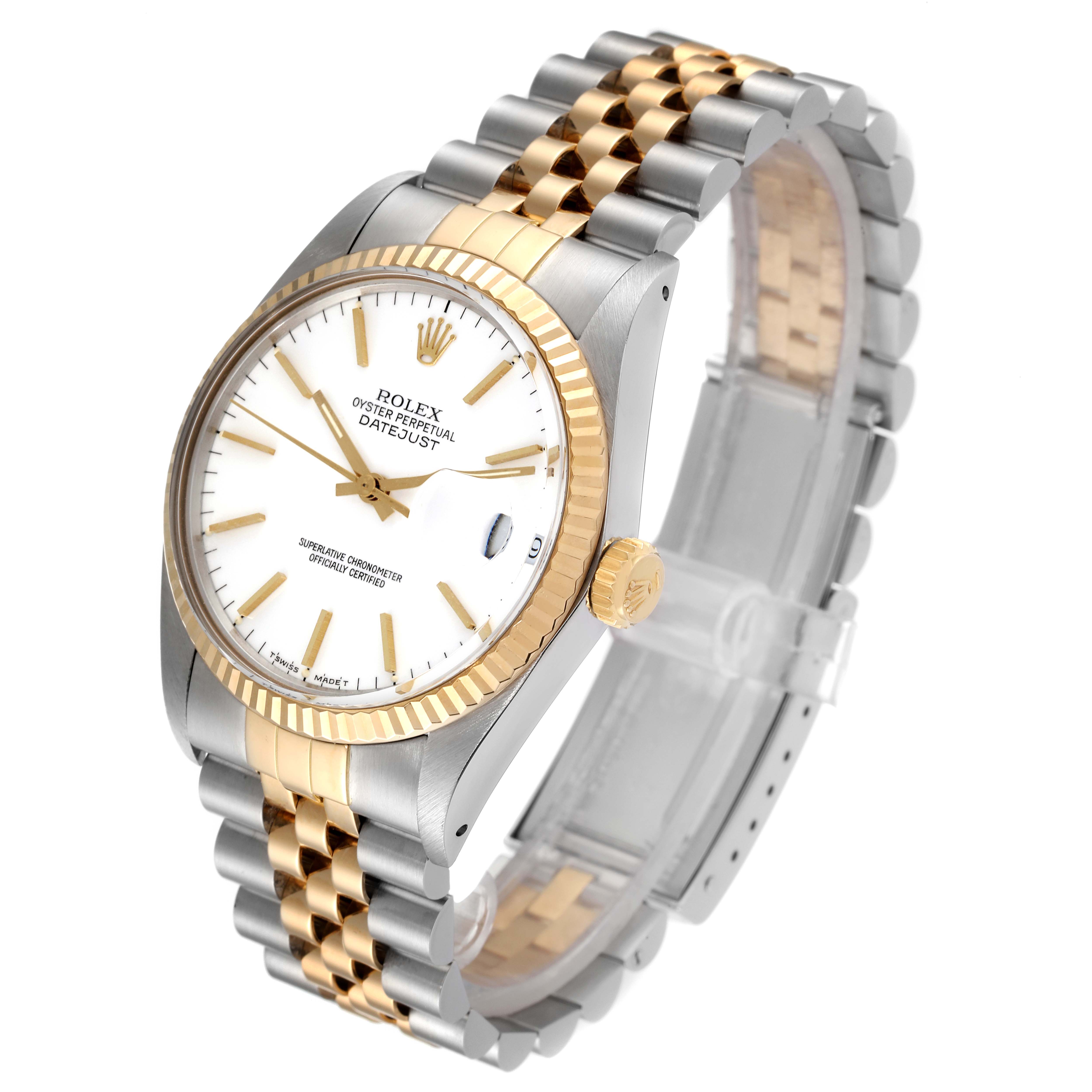 The image shows a Rolex Vintage Collection 16013 Men's Steel and Gold (two tone) White Dial 16013 Men's Steel and Gold (two tone) White Dial watch at an angle revealing the face, bezel, crown, and two-tone bracelet.