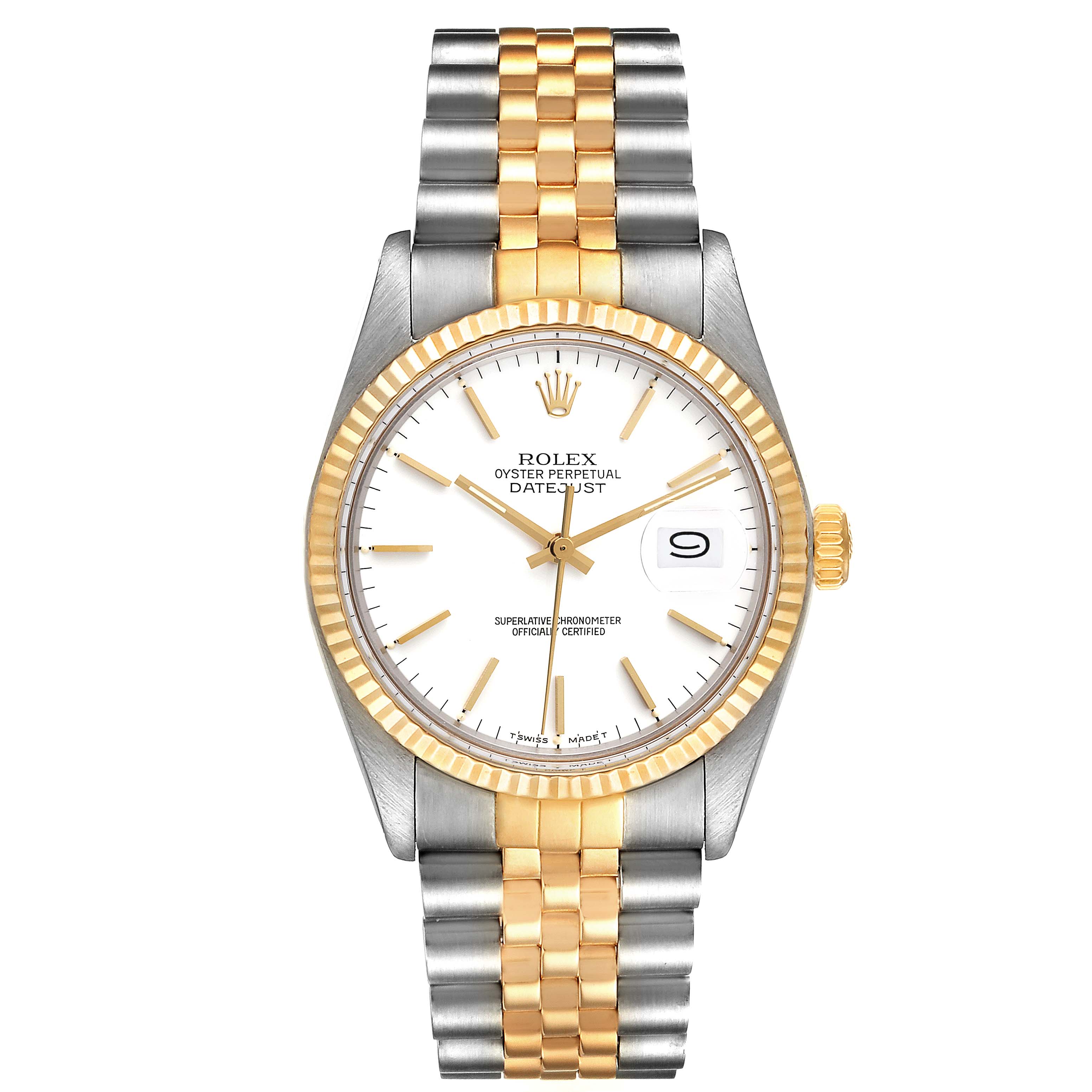 This is a front view of a Rolex Vintage Collection 16013 Men's Steel and Gold (two tone) White Dial 16013 Men's Steel and Gold (two tone) White Dial Oyster Perpetual Datejust watch, showcasing its dial, bezel, crown, and bracelet.