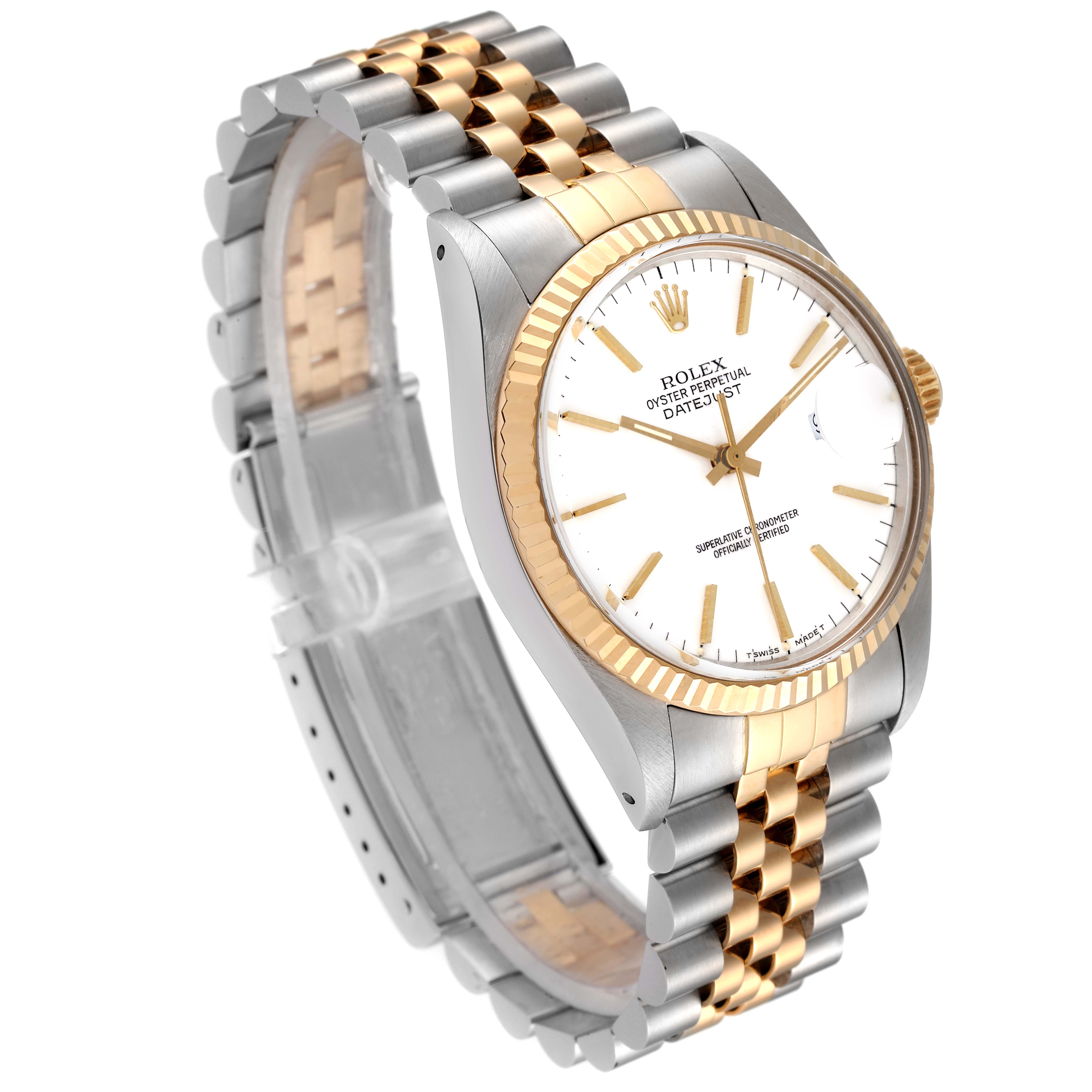 An angled view of the Rolex Vintage Collection 16013 Men's Steel and Gold (two tone) White Dial 16013 Men's Steel and Gold (two tone) White Dial model watch, showing the face, fluted bezel, and two-tone bracelet.