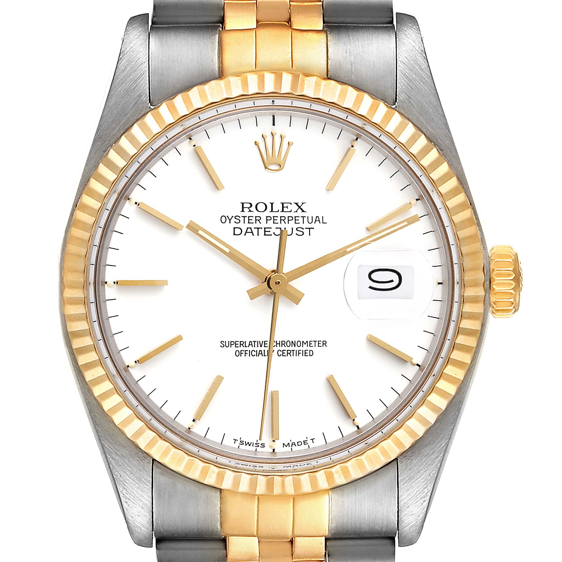 The Rolex Vintage Collection 16013 Men's Steel and Gold (two tone) White Dial 16013 Men's Steel and Gold (two tone) White Dial model is shown from the front, highlighting the dial, bezel, hands, date window, and part of the bracelet.