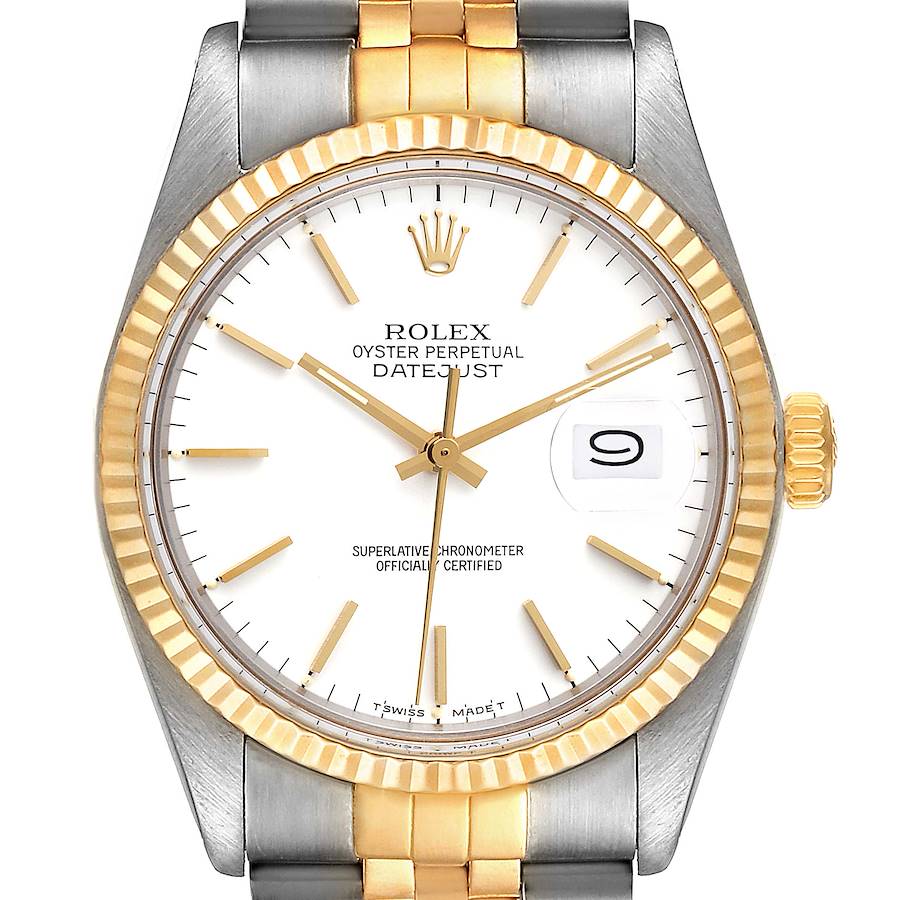 Rolex Datejust 36 Steel Yellow Gold White Dial Vintage Mens Watch 16013 SwissWatchExpo
