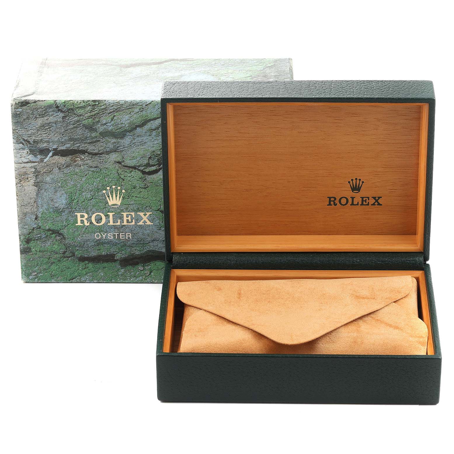 The image shows an open Rolex watch box from the Vintage Collection, revealing its interior and a suede pouch.