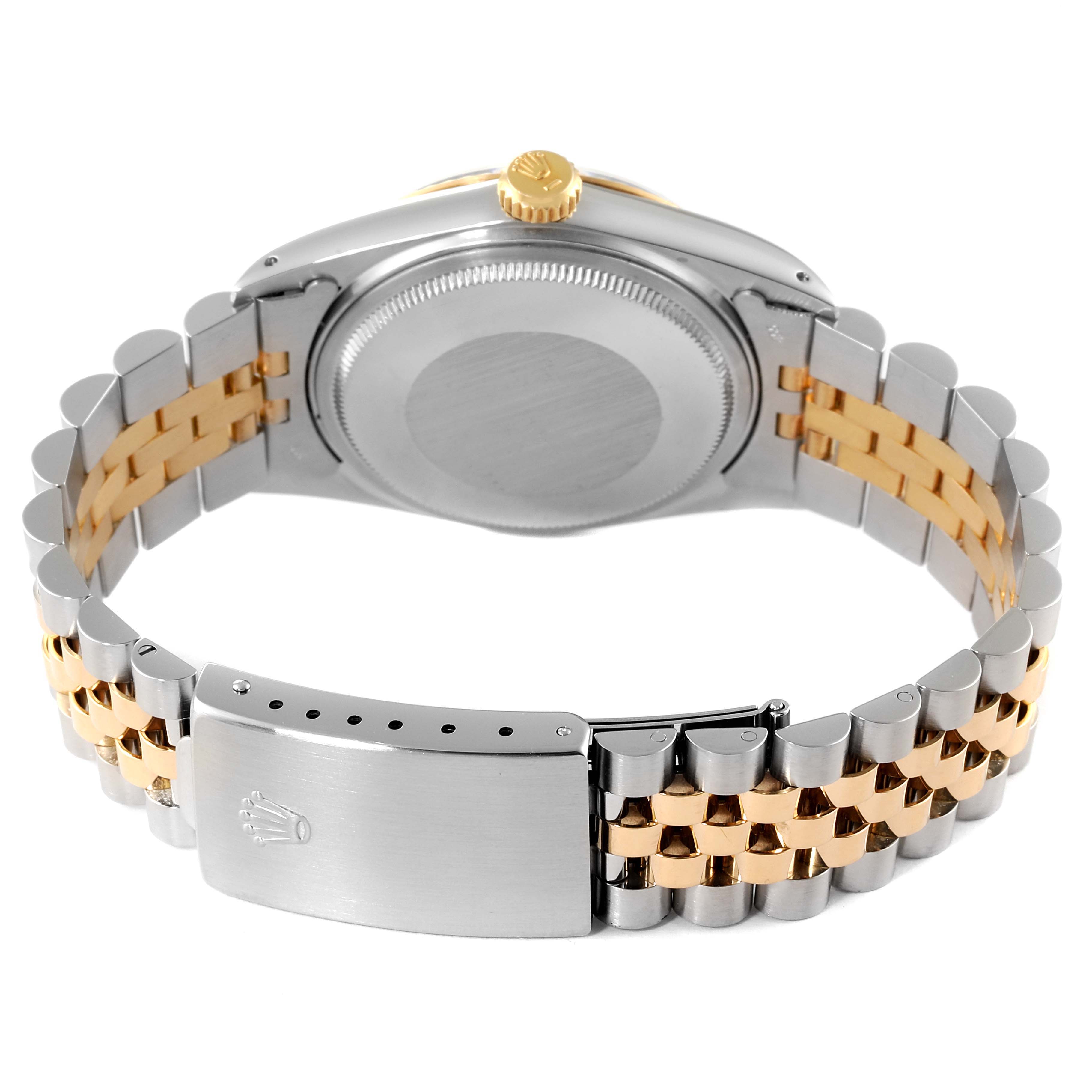 The image shows the back view of a Vintage Collection Rolex watch, highlighting the clasp, case back, and two-tone bracelet.