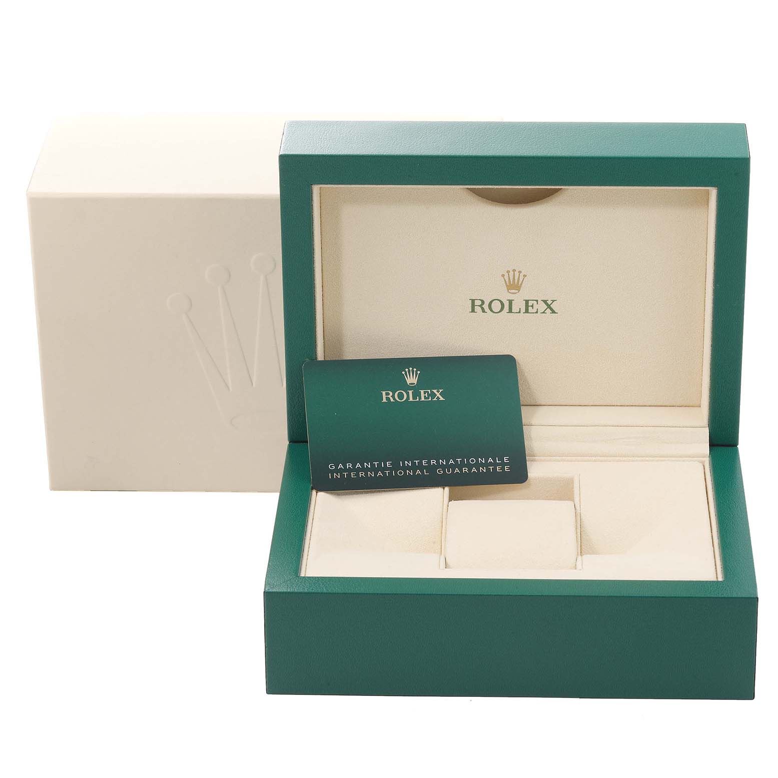 The image shows the open packaging box, guarantee card, and cushioning for a Rolex Datejust 41 126331 Men's Steel and Gold (two tone) Grey Dial 126331 Men's Steel and Gold (two tone) Grey Dial model watch.