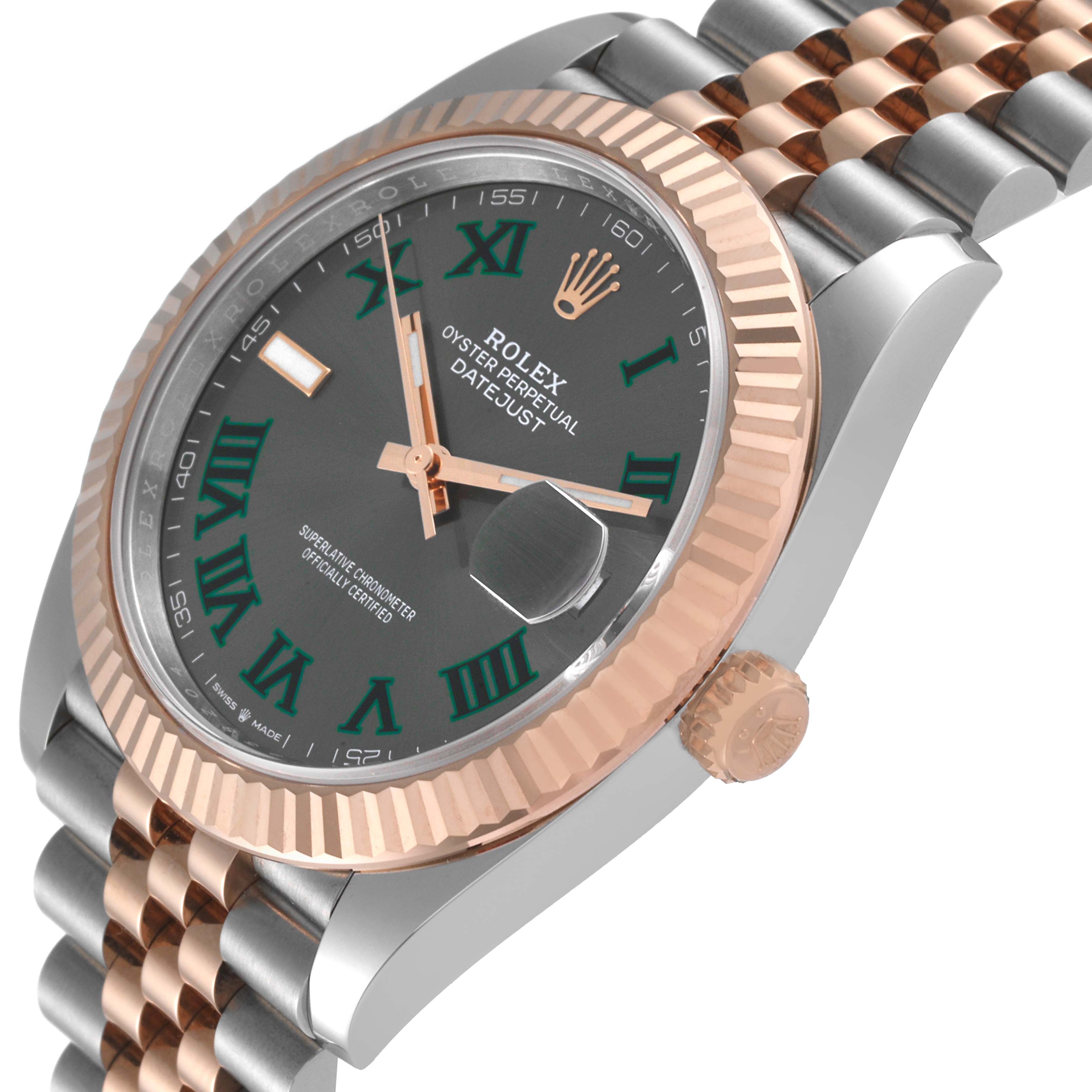 This image shows the Rolex Datejust 41 126331 Men's Steel and Gold (two tone) Grey Dial 126331 Men's Steel and Gold (two tone) Grey Dial watch at an angle highlighting its dial, crown, fluted bezel, and jubilee bracelet.