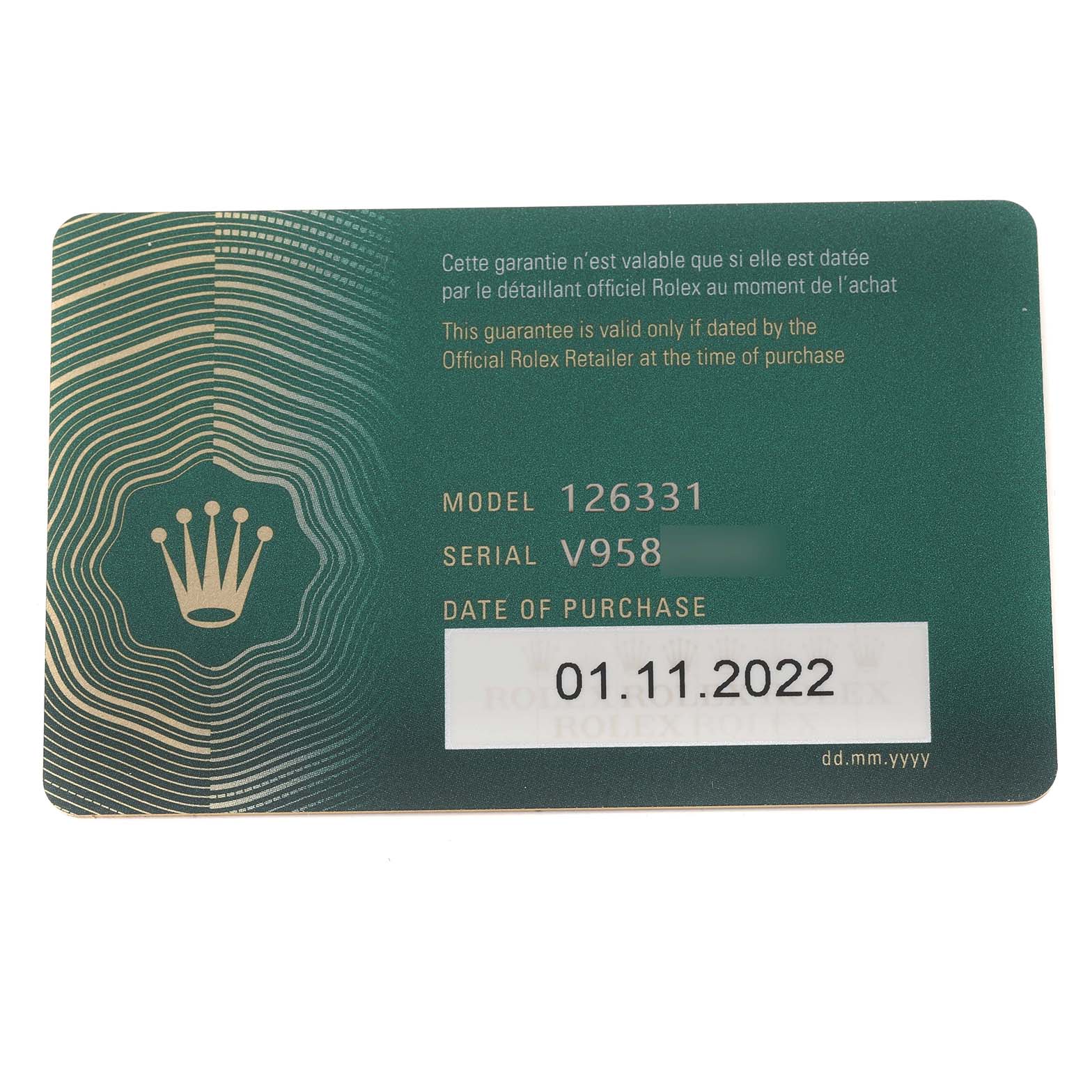 This image shows a warranty card for the Rolex Datejust 41 126331 Men's Steel and Gold (two tone) Grey Dial 126331 Men's Steel and Gold (two tone) Grey Dial model, displaying the model number, serial number, and date of purchase.