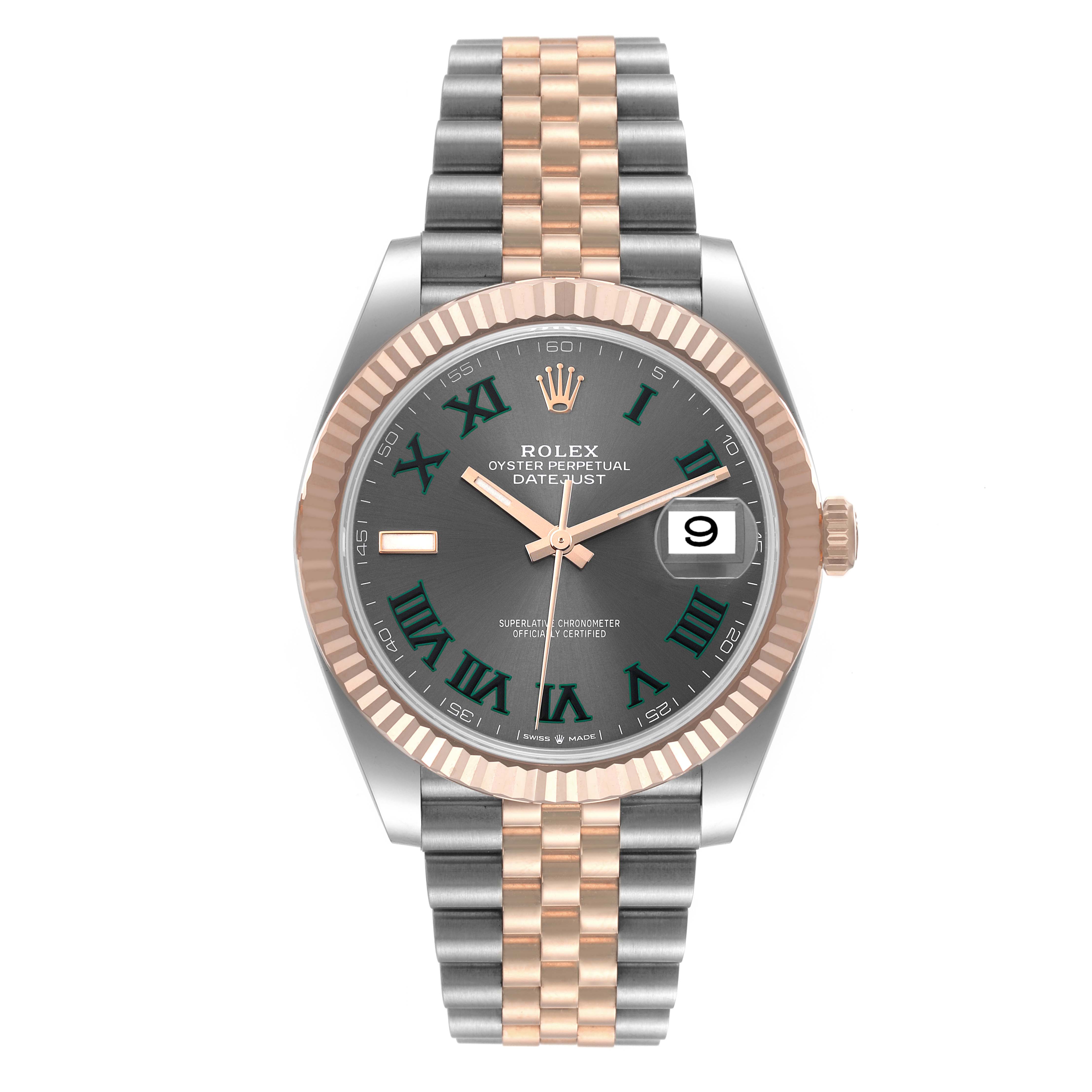 The image shows a front view of the Rolex Datejust 41 126331 Men's Steel and Gold (two tone) Grey Dial 126331 Men's Steel and Gold (two tone) Grey Dial watch, featuring a two-tone band and a dark dial with Roman numerals.