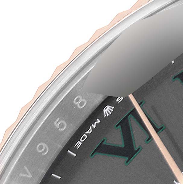 The image shows a close-up of the bezel, part of the dial, and Roman numerals of a Rolex Datejust 41 126331 Men's Steel and Gold (two tone) Grey Dial 126331 Men's Steel and Gold (two tone) Grey Dial watch.