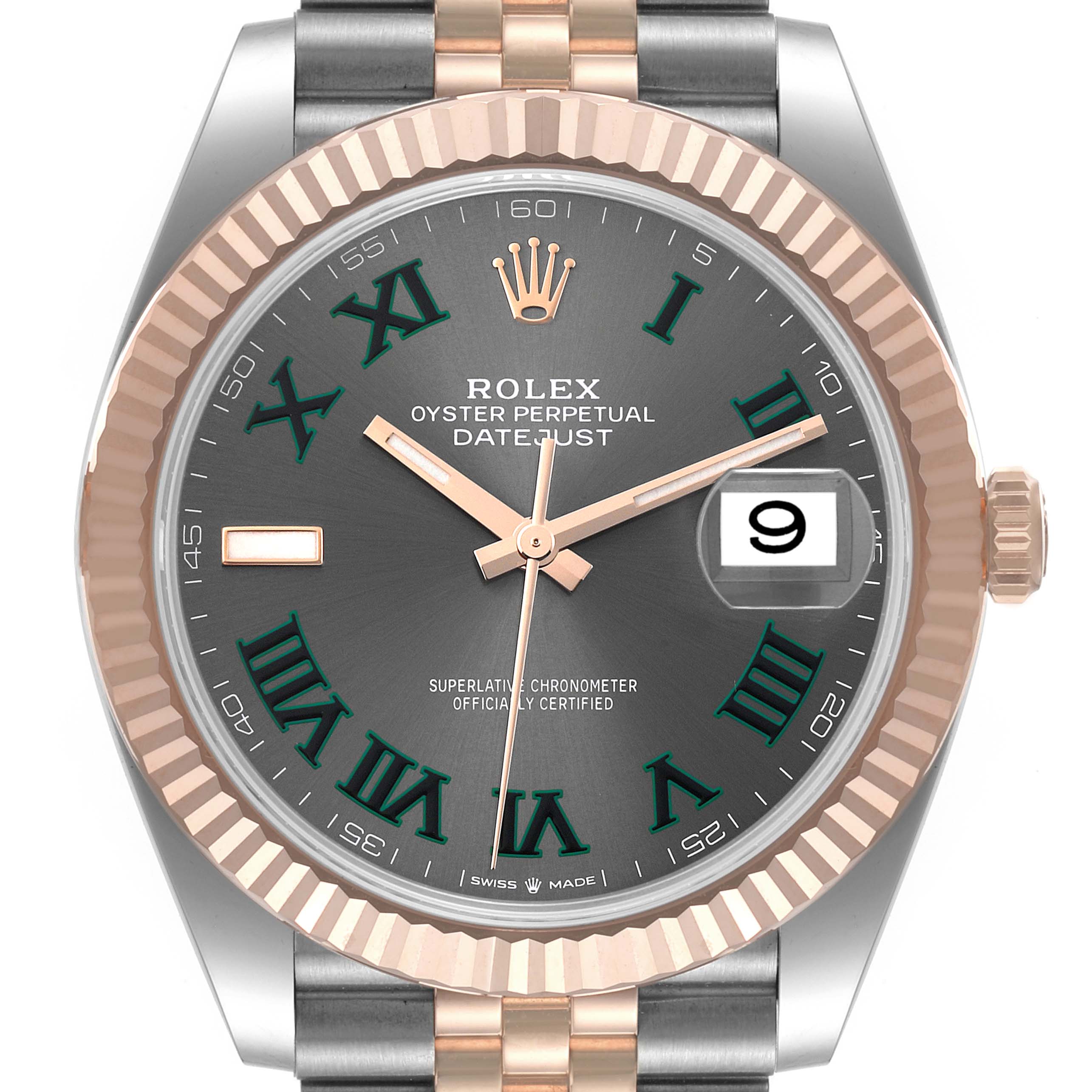 This image shows a frontal view of the Rolex Datejust 41 126331 Men's Steel and Gold (two tone) Grey Dial 126331 Men's Steel and Gold (two tone) Grey Dial watch, highlighting its face, bezel, crown, and part of the bracelet.