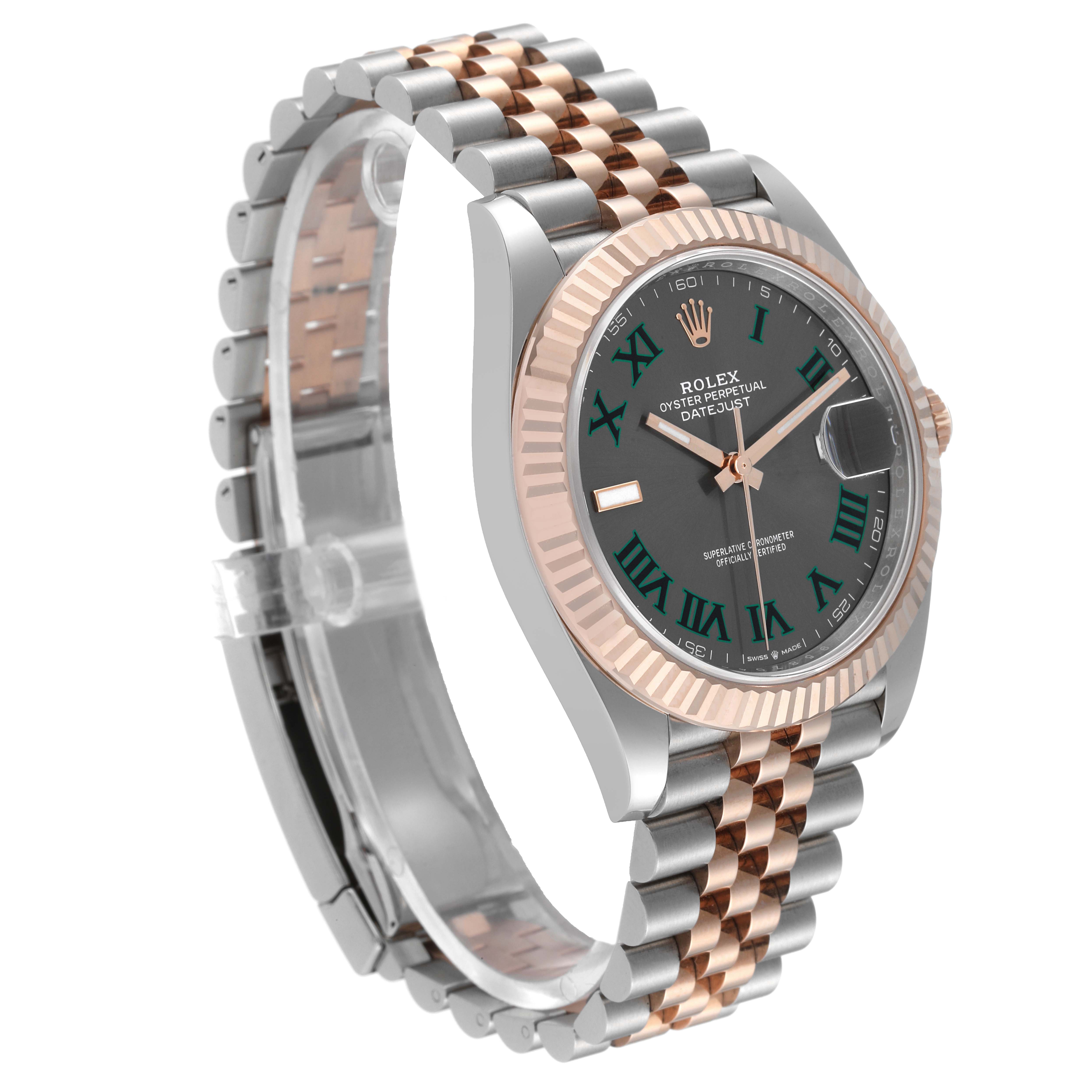 The image shows a side angle view of the Rolex Datejust 41 126331 Men's Steel and Gold (two tone) Grey Dial 126331 Men's Steel and Gold (two tone) Grey Dial, highlighting its two-tone metal bracelet and fluted bezel.