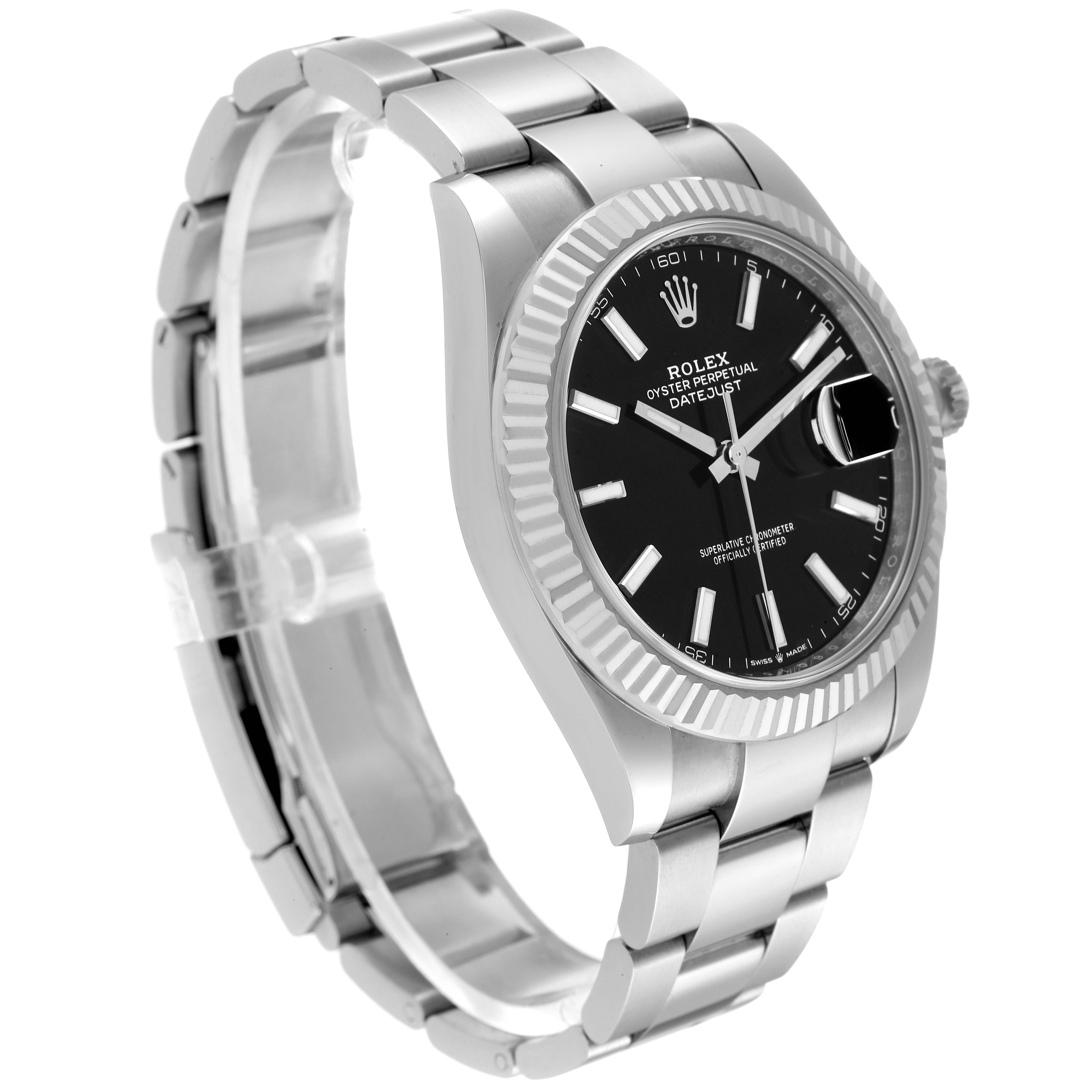 This image shows a left-side view of the Rolex Datejust 41 126334 Men's Stainless Steel Black Dial 126334 Men's Stainless Steel Black Dial, highlighting its bracelet, case, and black dial.