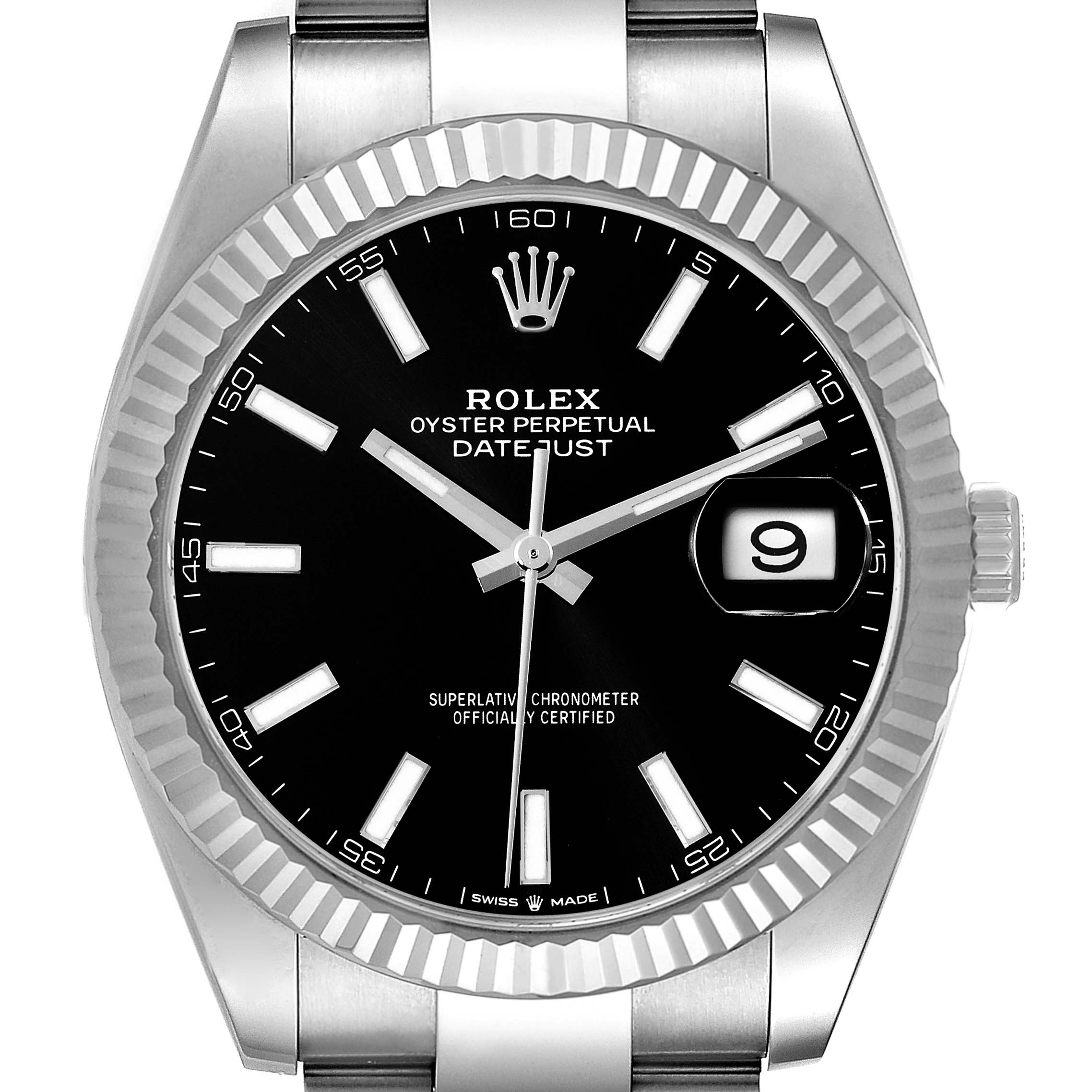 The image shows a front view of the Rolex Datejust 41 126334 Men's Stainless Steel Black Dial 126334 Men's Stainless Steel Black Dial, highlighting its black dial, fluted bezel, and date window.
