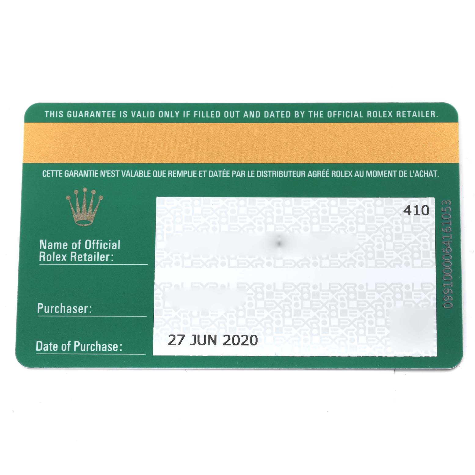This image shows the warranty card for the Rolex Datejust 41 126334 Men's Stainless Steel Black Dial 126334 Men's Stainless Steel Black Dial, highlighting the purchase date and retailer details.