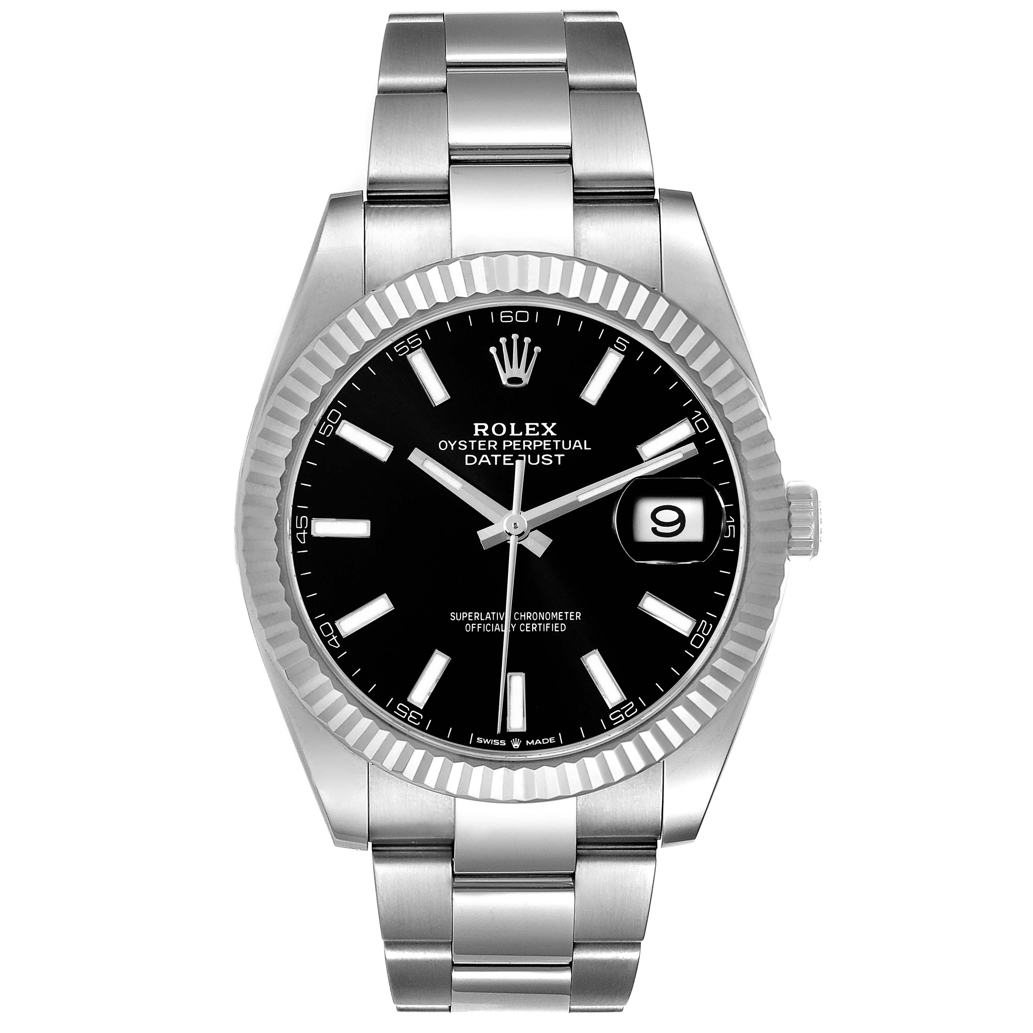 The image shows a front view of a Rolex Datejust 41 126334 Men's Stainless Steel Black Dial 126334 Men's Stainless Steel Black Dial watch, displaying the dial, bezel, bracelet, and crown.