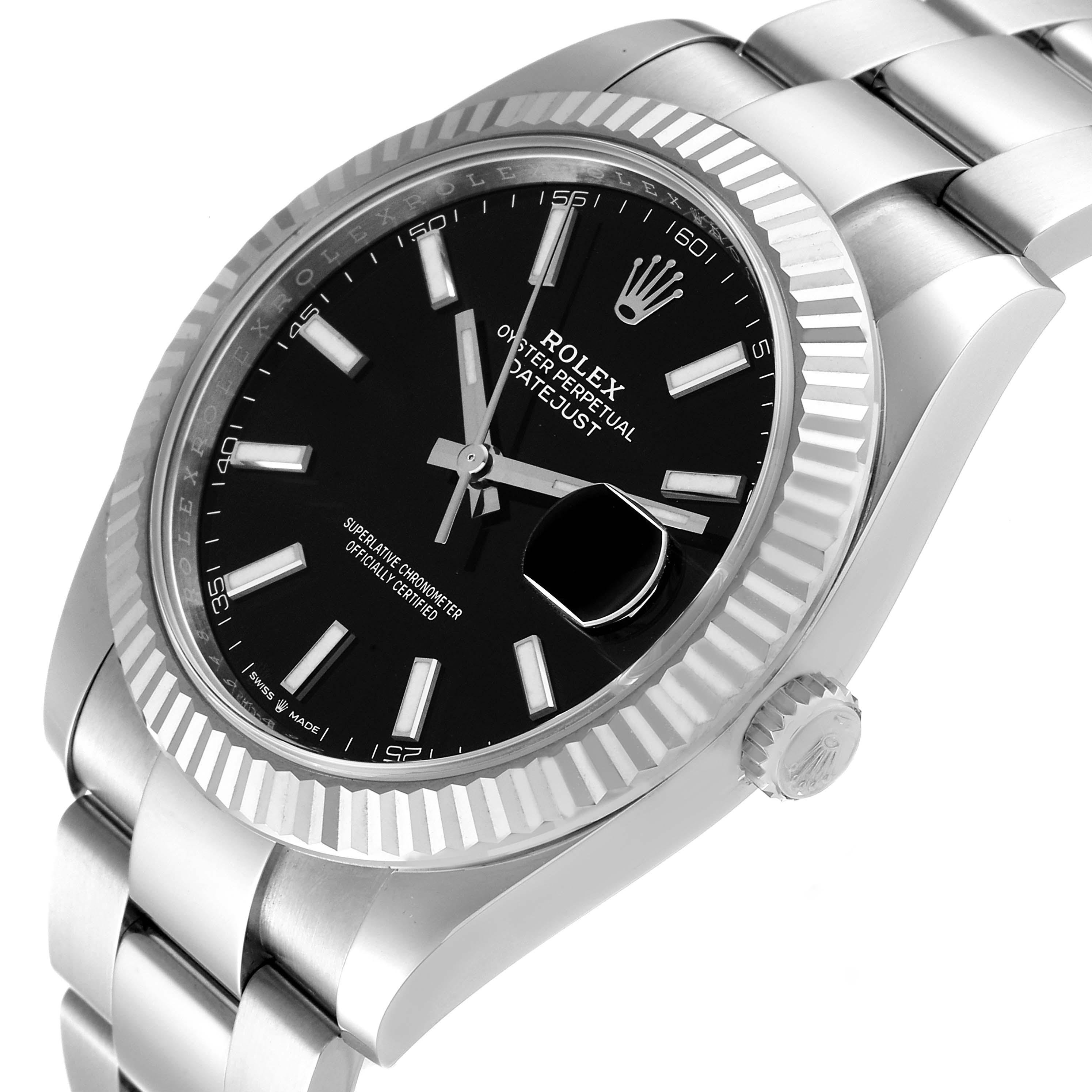 The Rolex Datejust 41 126334 Men's Stainless Steel Black Dial 126334 Men's Stainless Steel Black Dial watch is shown at an angled view displaying the dial, fluted bezel, crown, and part of the bracelet.