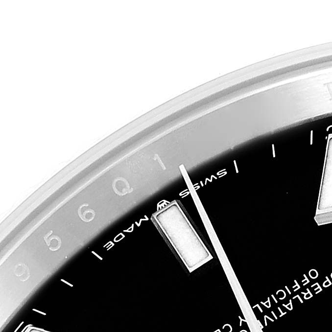 This close-up image shows the dial and a portion of the bezel of a Rolex Datejust 41 126334 Men's Stainless Steel Black Dial 126334 Men's Stainless Steel Black Dial watch.