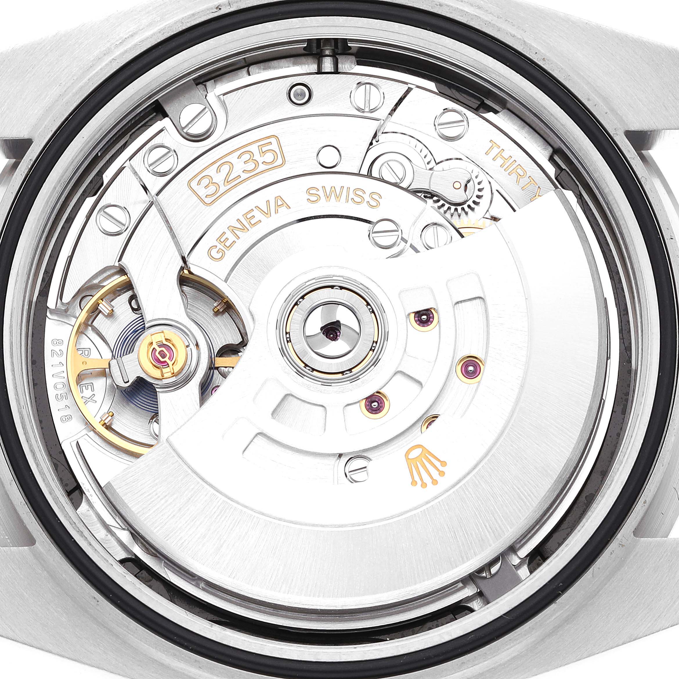 This image shows the intricate inner mechanism and movement of the Rolex Datejust 41 126334 Men's Stainless Steel Black Dial 126334 Men's Stainless Steel Black Dial watch from a rear angle.