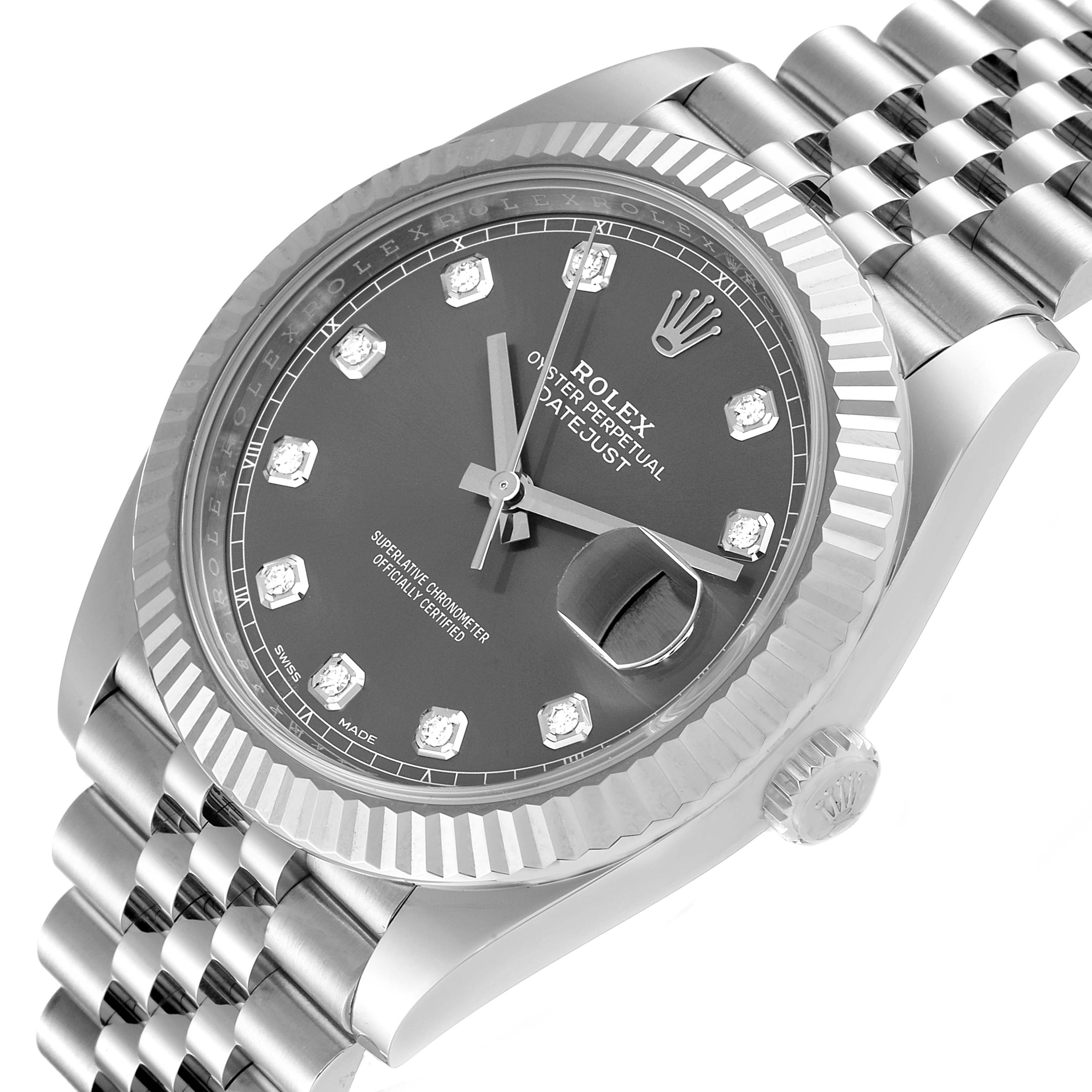 The image shows a close-up angle of the Rolex Datejust 41 126334 Men
s Stainless Steel Grey Dial 126334 Men
s Stainless Steel Grey Dial watch, highlighting its dial, bezel, and bracelet.