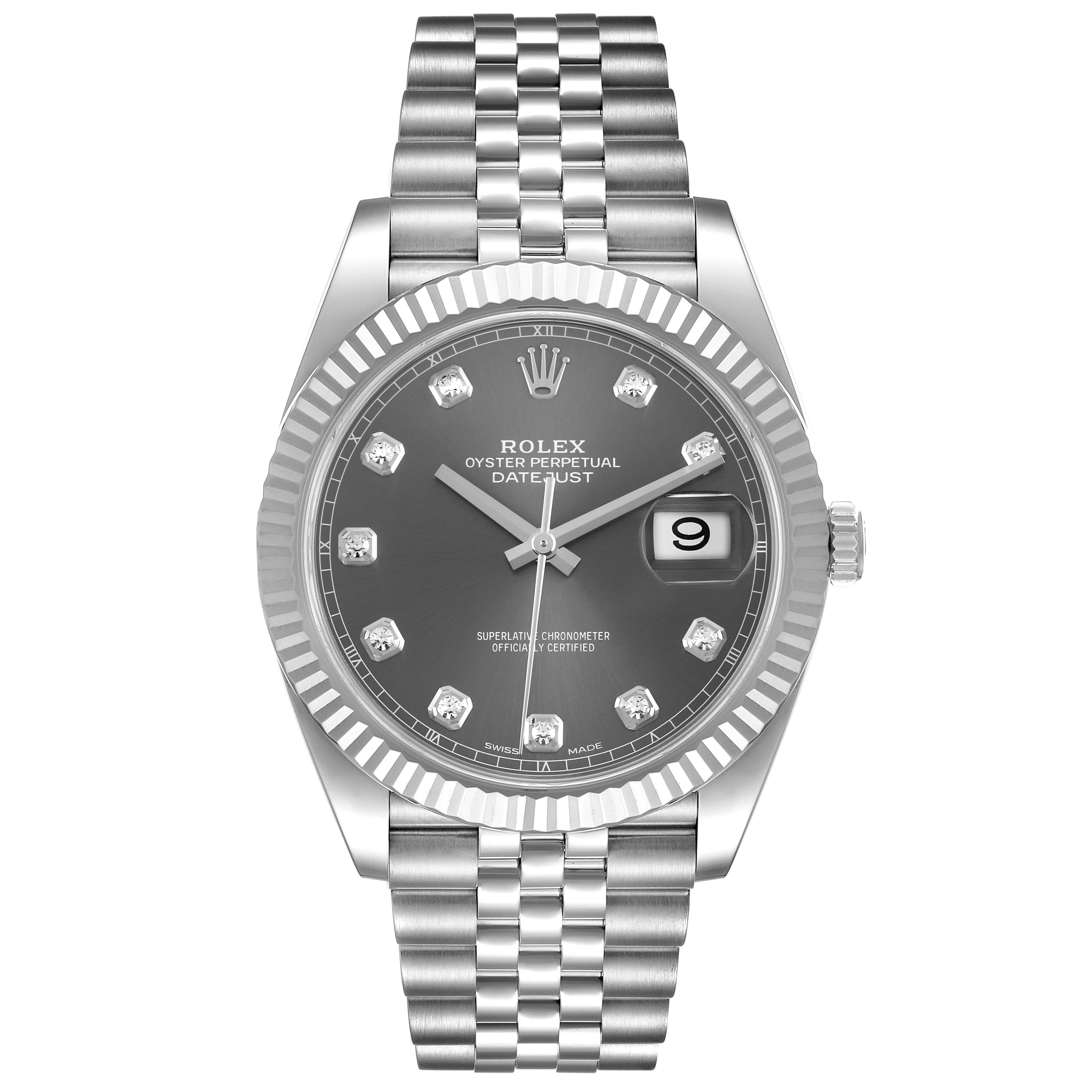 The Rolex Datejust 41 126334 Men
s Stainless Steel Grey Dial 126334 Men
s Stainless Steel Grey Dial watch is shown from a front angle, displaying the face, bezel, and bracelet.