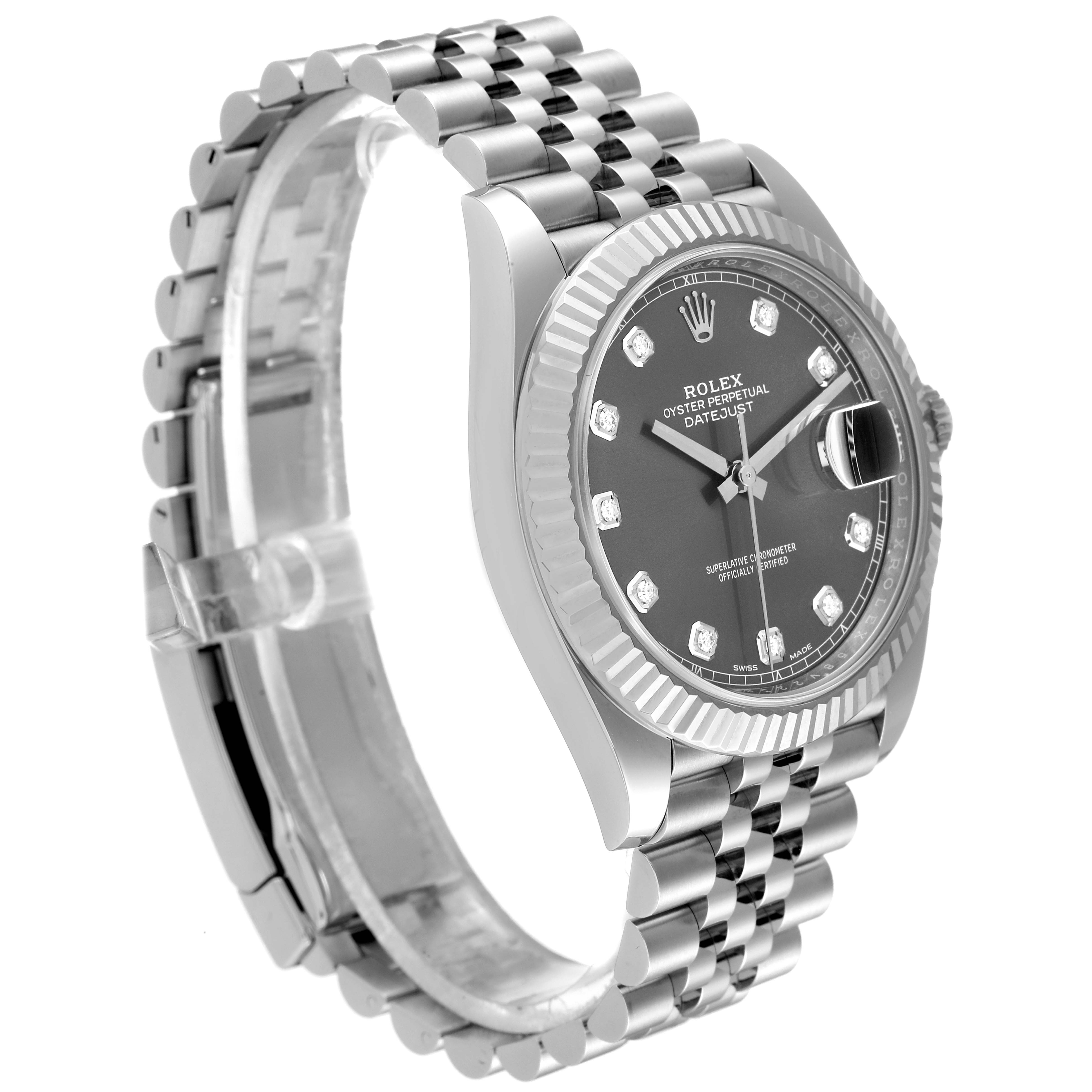 This image shows a Rolex Datejust 41 126334 Men
s Stainless Steel Grey Dial 126334 Men
s Stainless Steel Grey Dial watch at an angle, highlighting the face, bezel, and bracelet.