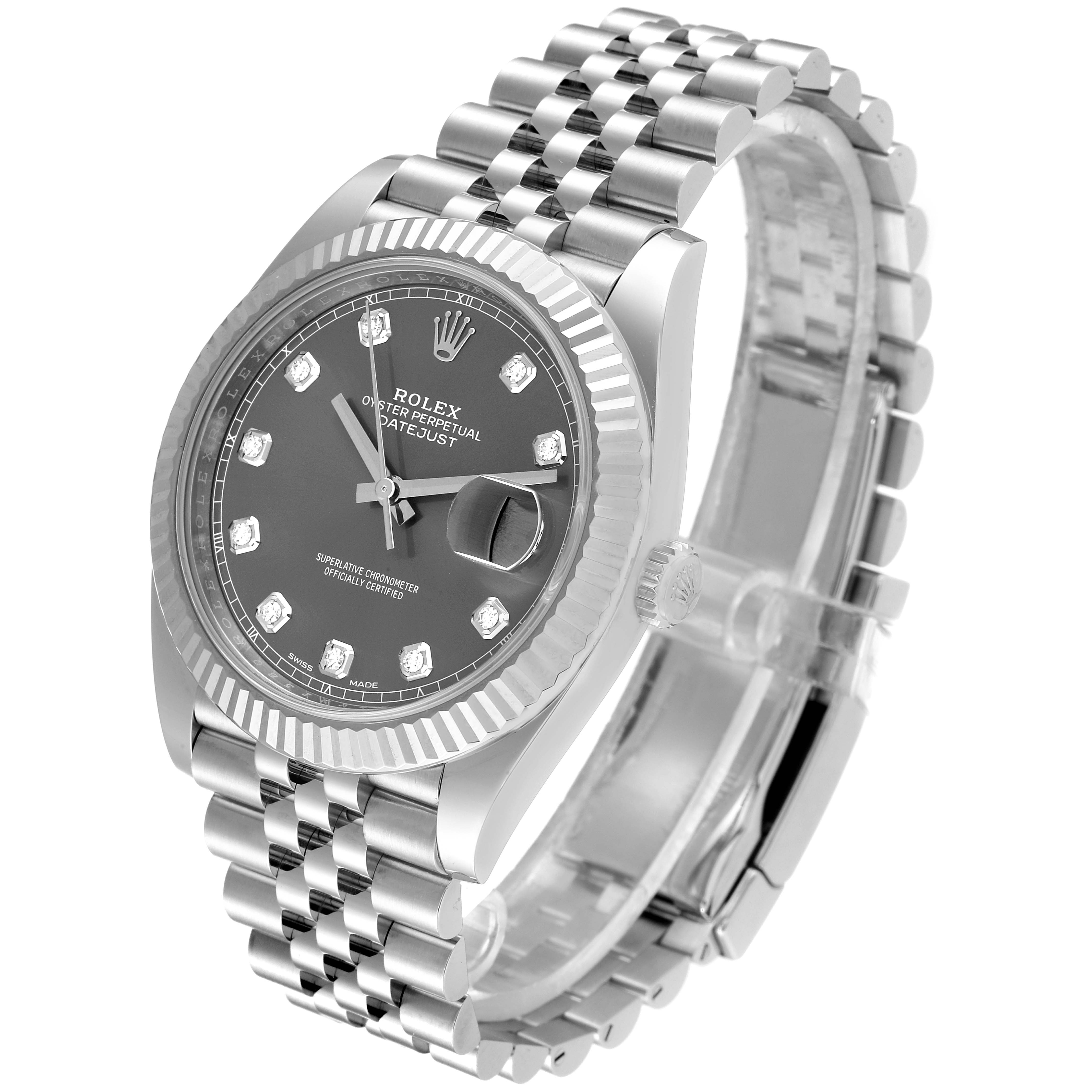 The image shows a Rolex Datejust 41 126334 Men
s Stainless Steel Grey Dial 126334 Men
s Stainless Steel Grey Dial model watch from a front angle, highlighting the face, bezel, and bracelet.