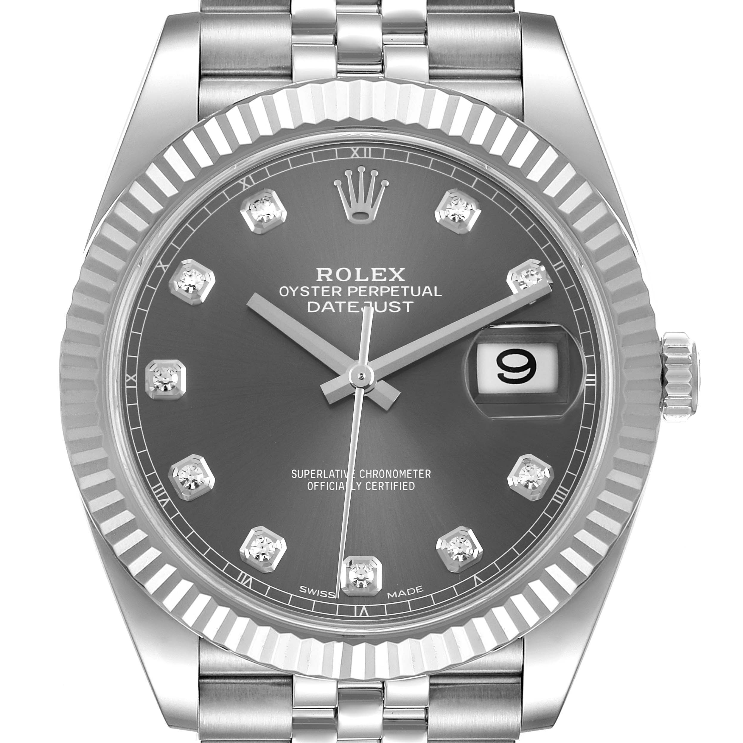 This image shows a front view of the Rolex Datejust 41 126334 Men
s Stainless Steel Grey Dial 126334 Men
s Stainless Steel Grey Dial watch, highlighting its dial, fluted bezel, and jubilee bracelet.