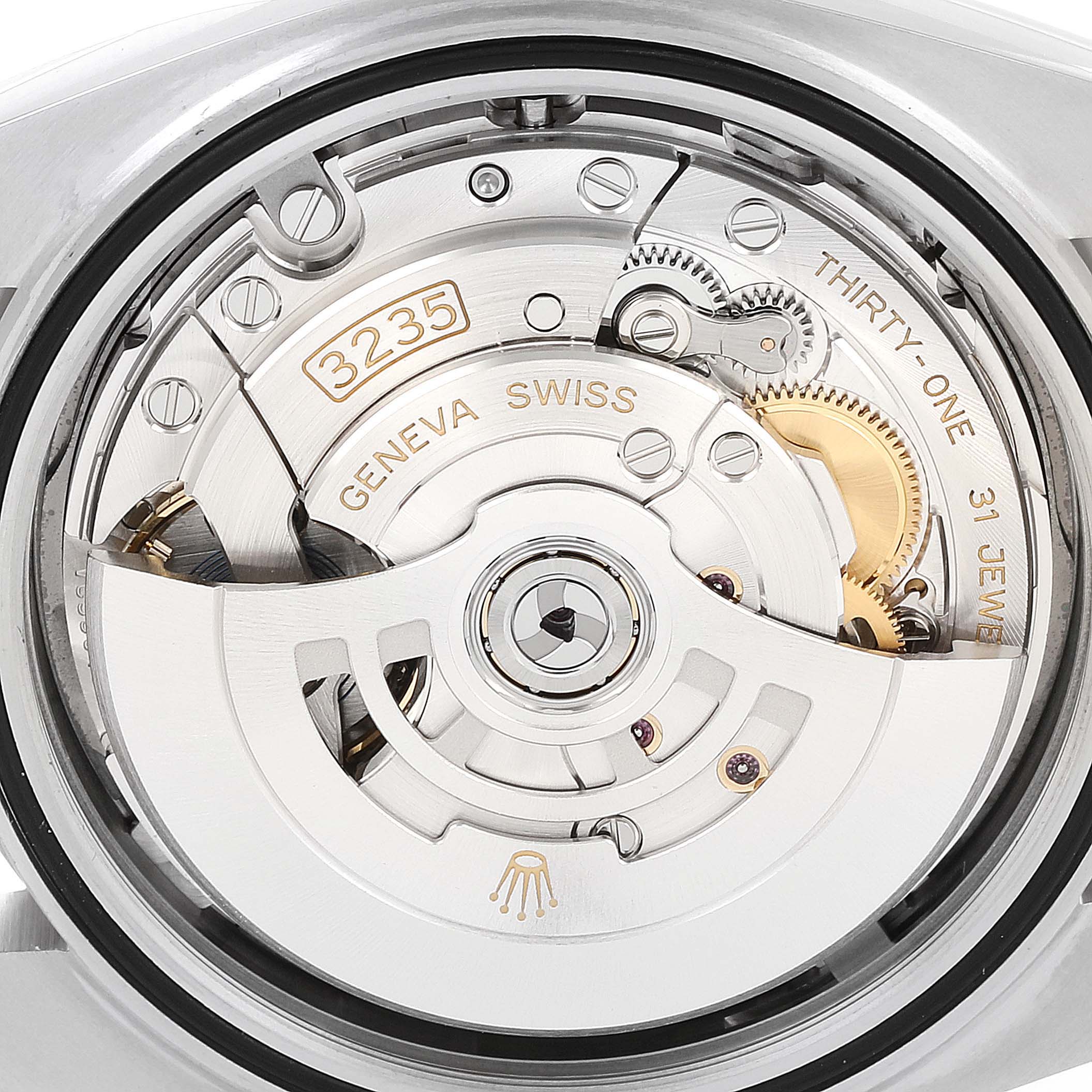 The image shows the back view of the Rolex Datejust 41 126334 Men
s Stainless Steel Grey Dial 126334 Men
s Stainless Steel Grey Dial, highlighting the inner mechanics and movement model 3235.