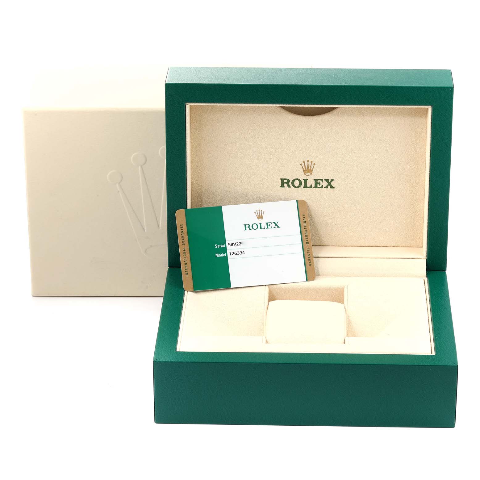 A Rolex Datejust 41 126334 Men
s Stainless Steel Grey Dial 126334 Men
s Stainless Steel Grey Dial box and warranty card are shown from the front angle, with the card displayed inside the open box.