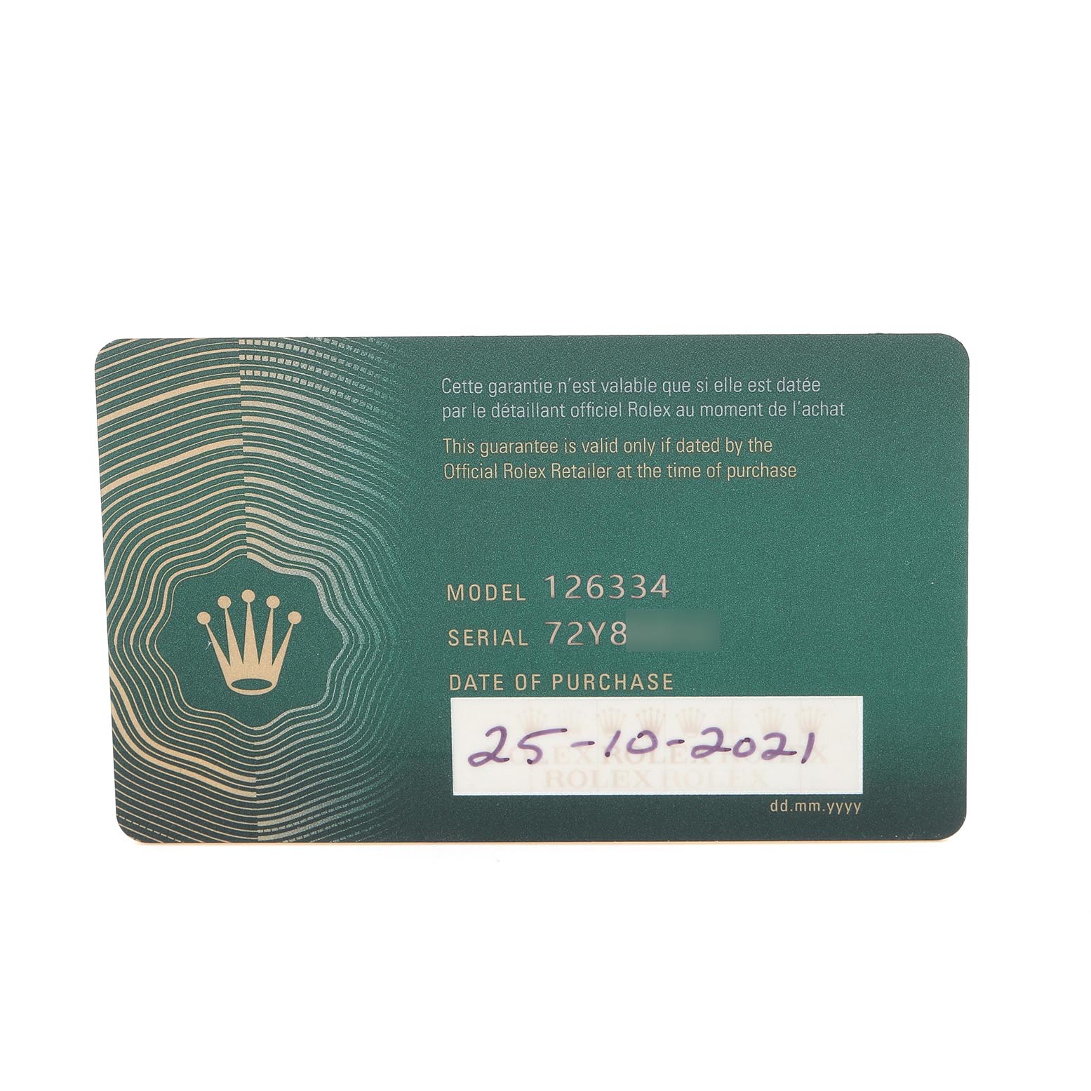 The image shows a warranty card for a Rolex Datejust 41 126334 Men
s Stainless Steel Blue Dial 126334 Men
s Stainless Steel Blue Dial, model 126334, with purchase details.