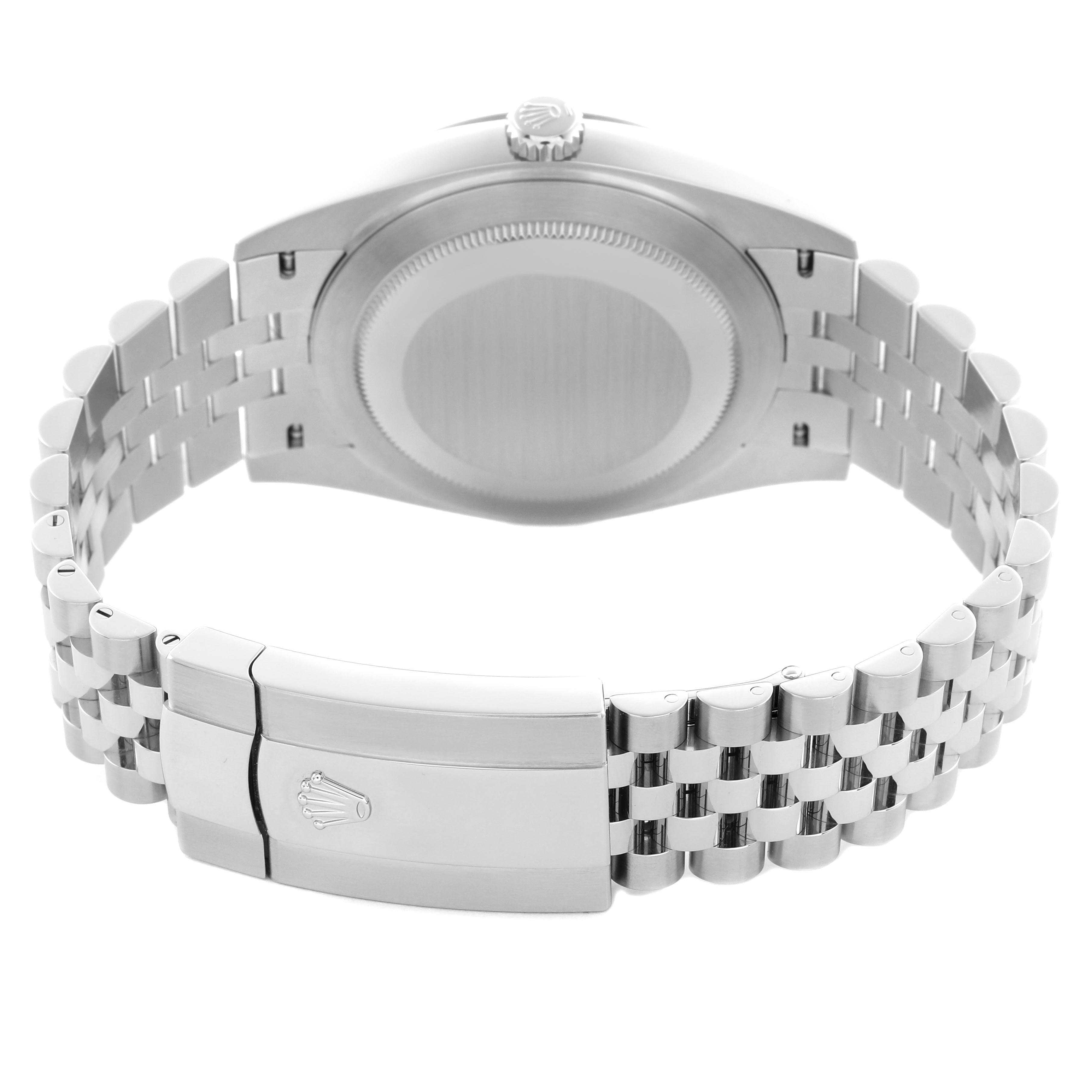 The image shows the back of a Rolex Datejust 41 126334 Men
s Stainless Steel Blue Dial 126334 Men
s Stainless Steel Blue Dial watch, featuring the case back, crown, and bracelet clasp in focus.