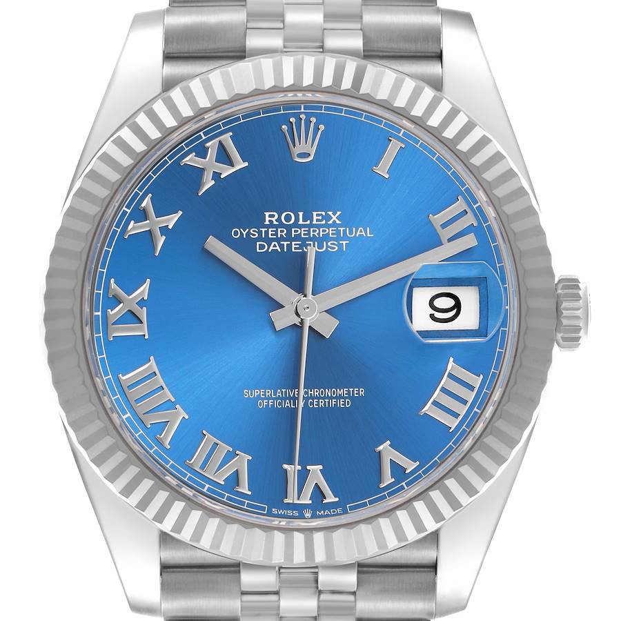 The Rolex Datejust 41 watch is shown from a front view, highlighting its blue dial, Roman numerals, fluted bezel, and date window.