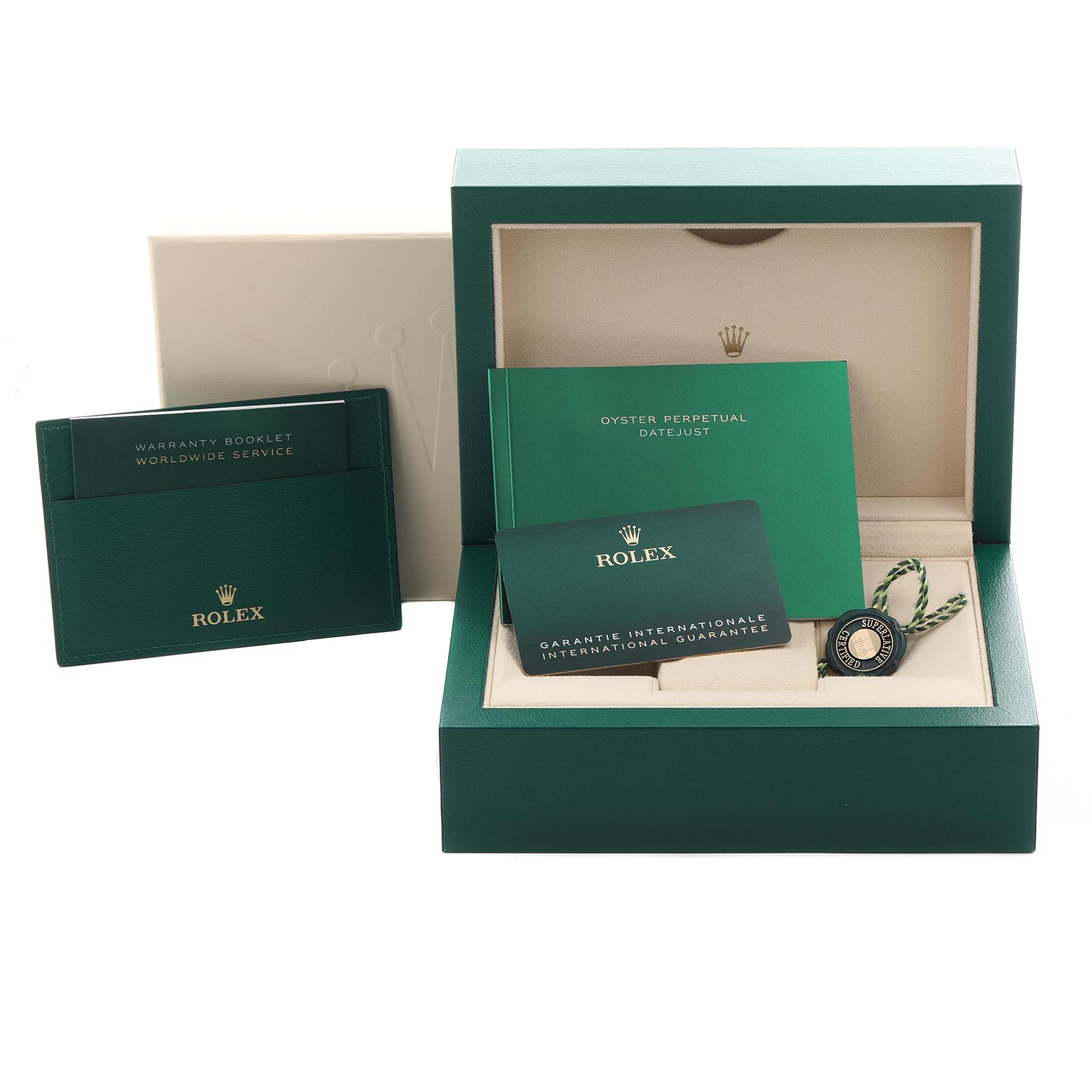 The image shows Rolex Datejust 41 126334 Men
s Stainless Steel Blue Dial 126334 Men
s Stainless Steel Blue Dial packaging, including a warranty booklet, manual, guarantee card, and a tag, from a front angle.