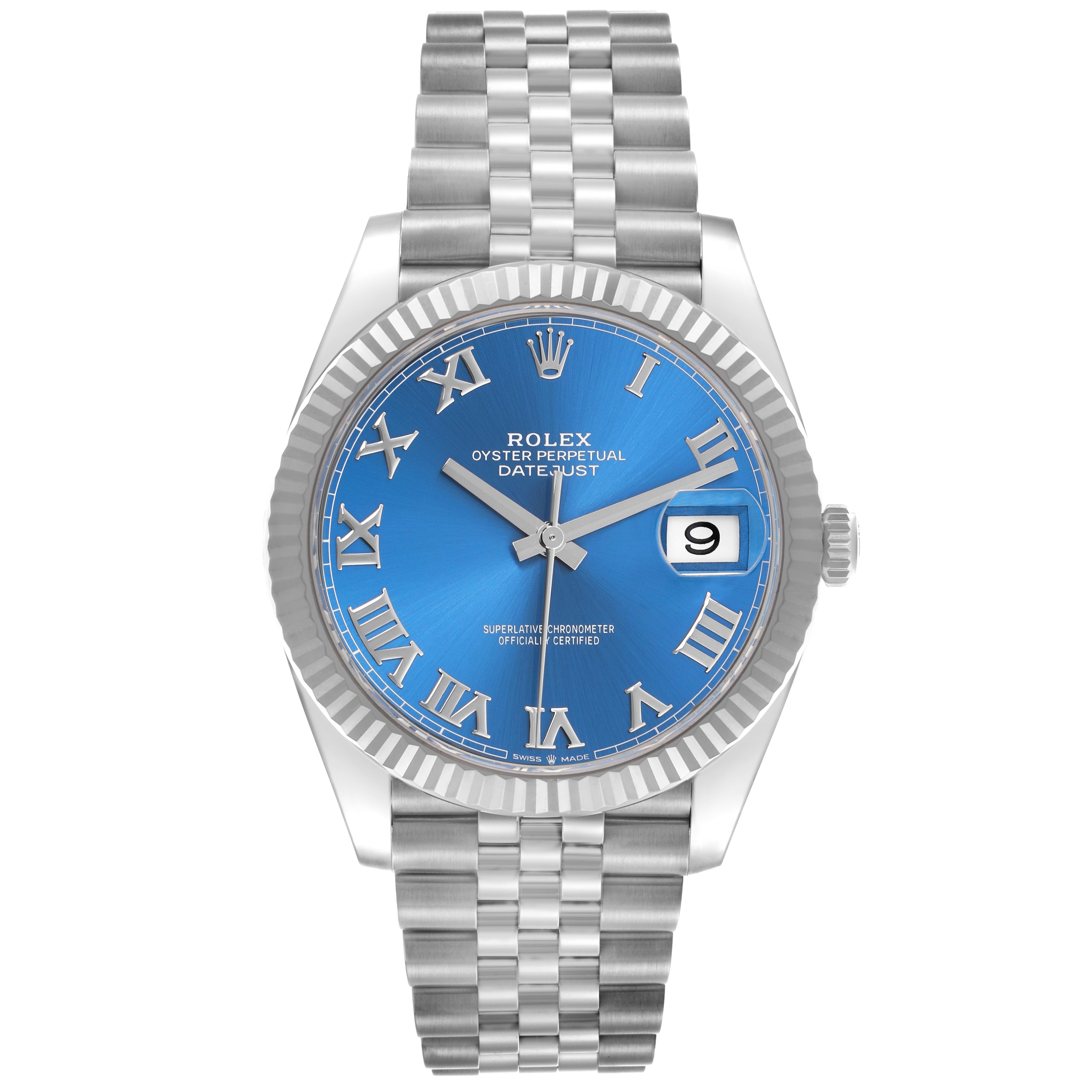 The Rolex Datejust 41 126334 Men
s Stainless Steel Blue Dial 126334 Men
s Stainless Steel Blue Dial is shown from a direct front angle, highlighting its blue dial, fluted bezel, and Jubilee bracelet.