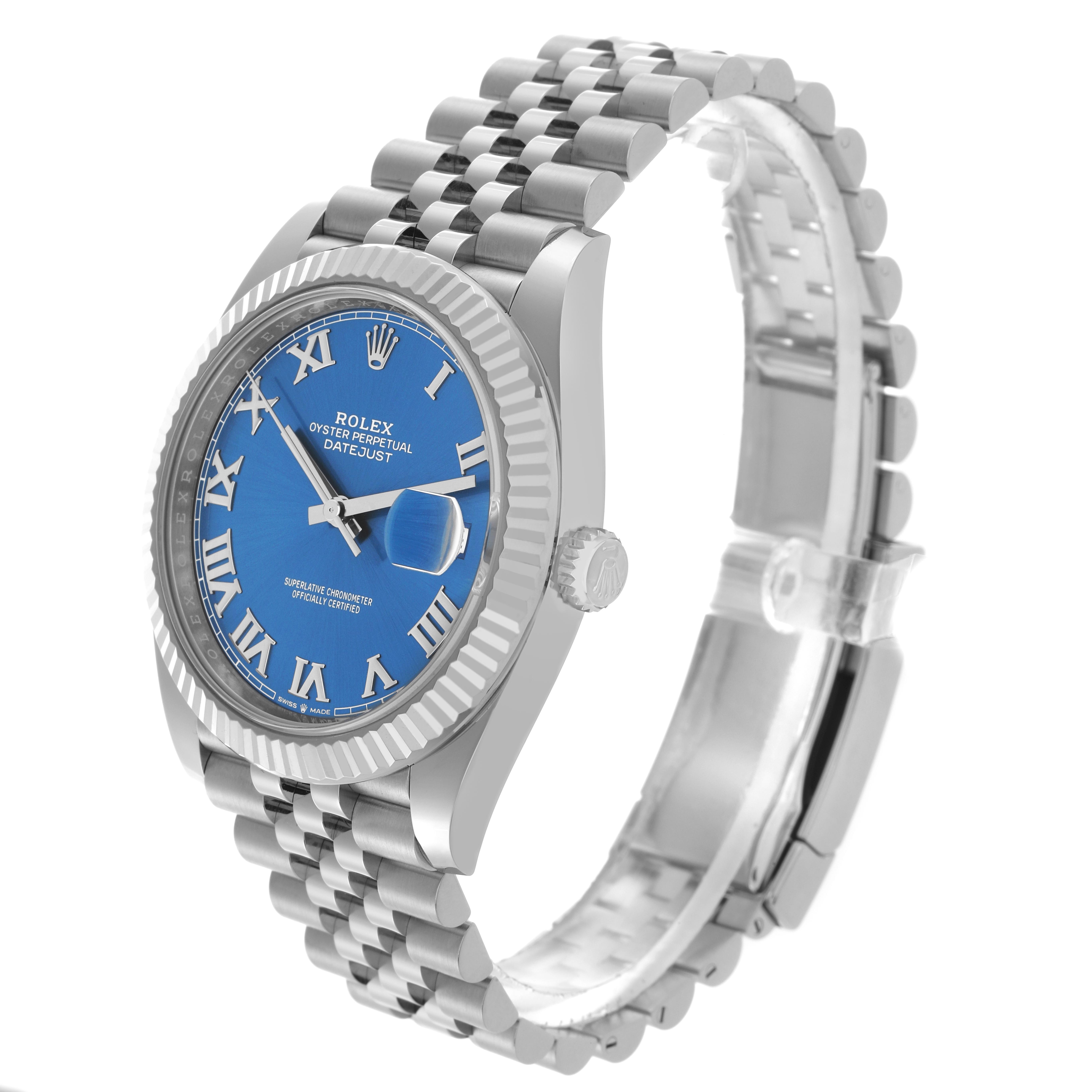 The Rolex Datejust 41 126334 Men
s Stainless Steel Blue Dial 126334 Men
s Stainless Steel Blue Dial is shown at a three-quarter angle, highlighting the blue dial, fluted bezel, and Jubilee bracelet.