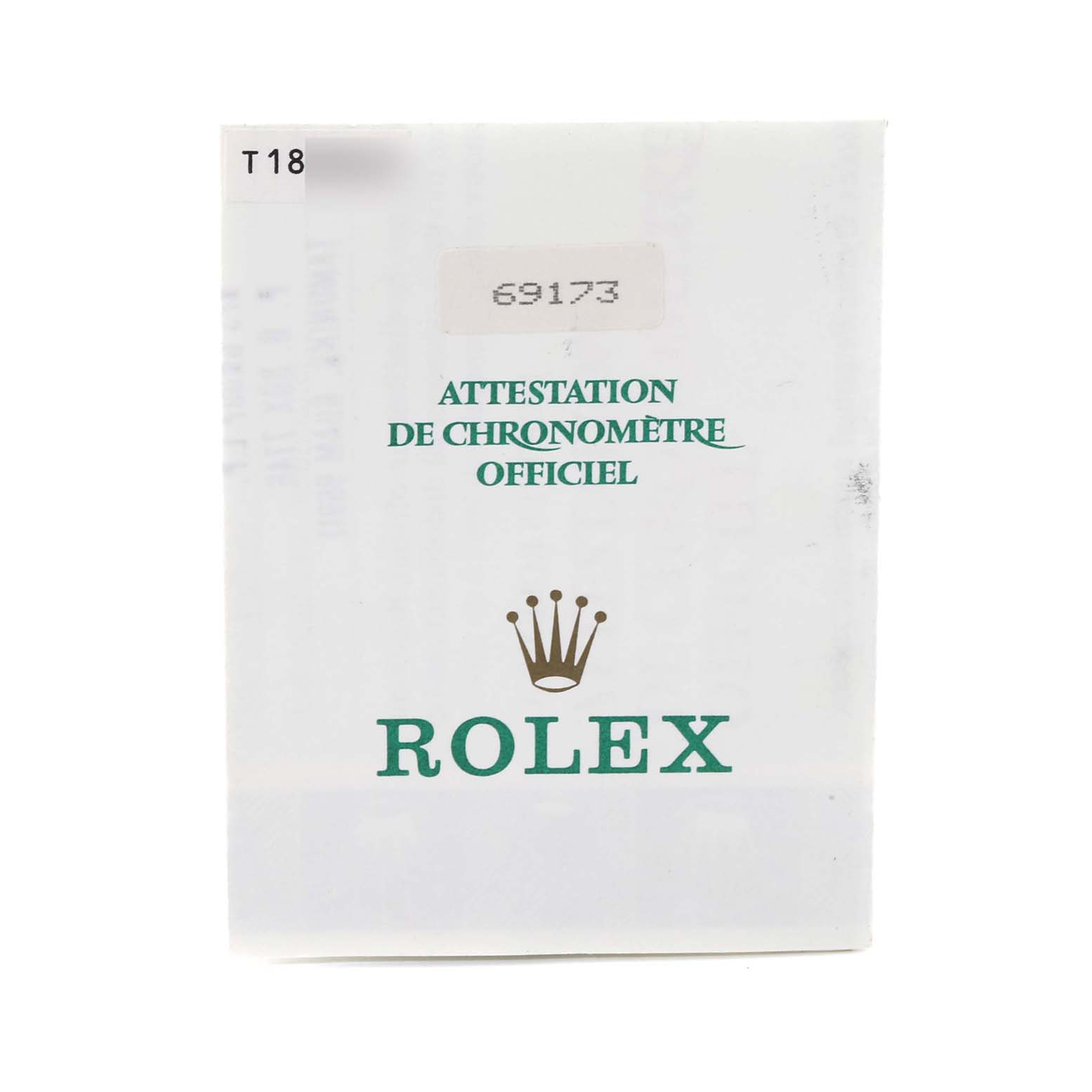 This is the chronometer certification booklet for a Rolex Datejust 69173 Women's Steel and Gold (two tone) Champagne Dial 69173 Women's Steel and Gold (two tone) Champagne Dial model, shown from the front.