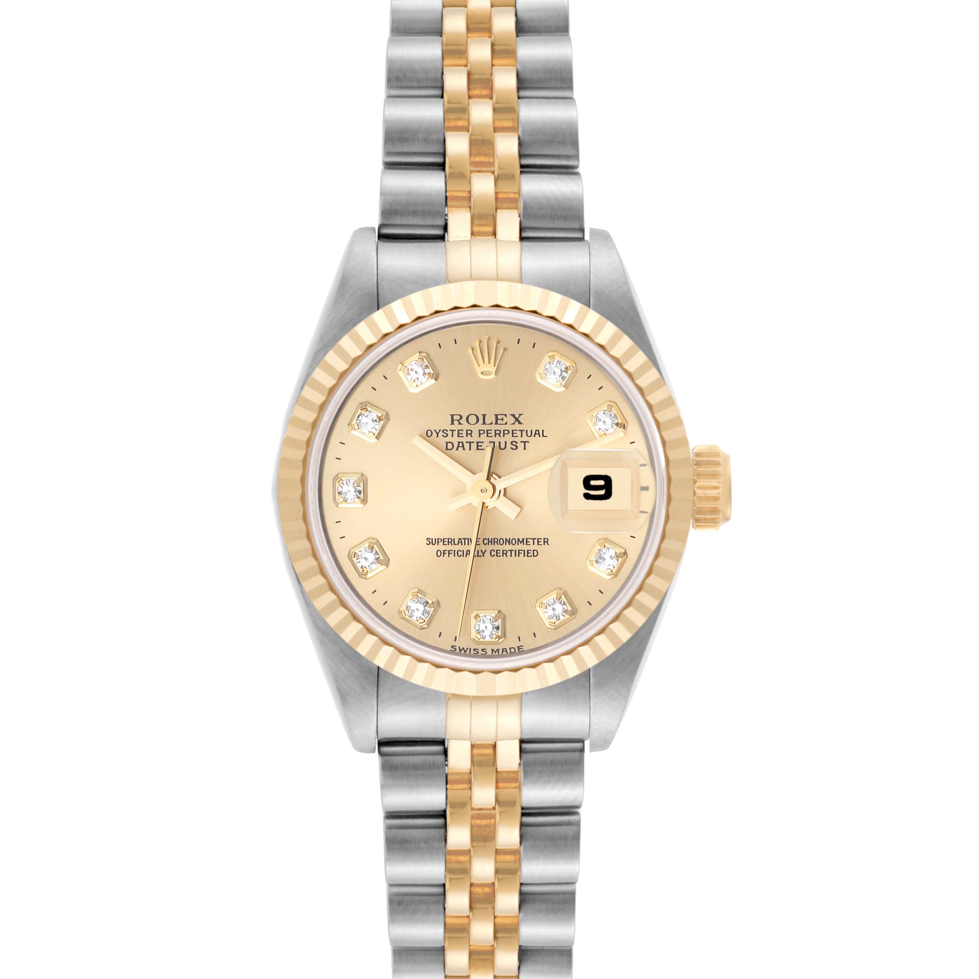 The image shows a front view of a Rolex Datejust 69173 Women's Steel and Gold (two tone) Champagne Dial 69173 Women's Steel and Gold (two tone) Champagne Dial watch, highlighting its face, bezel, and two-tone bracelet.