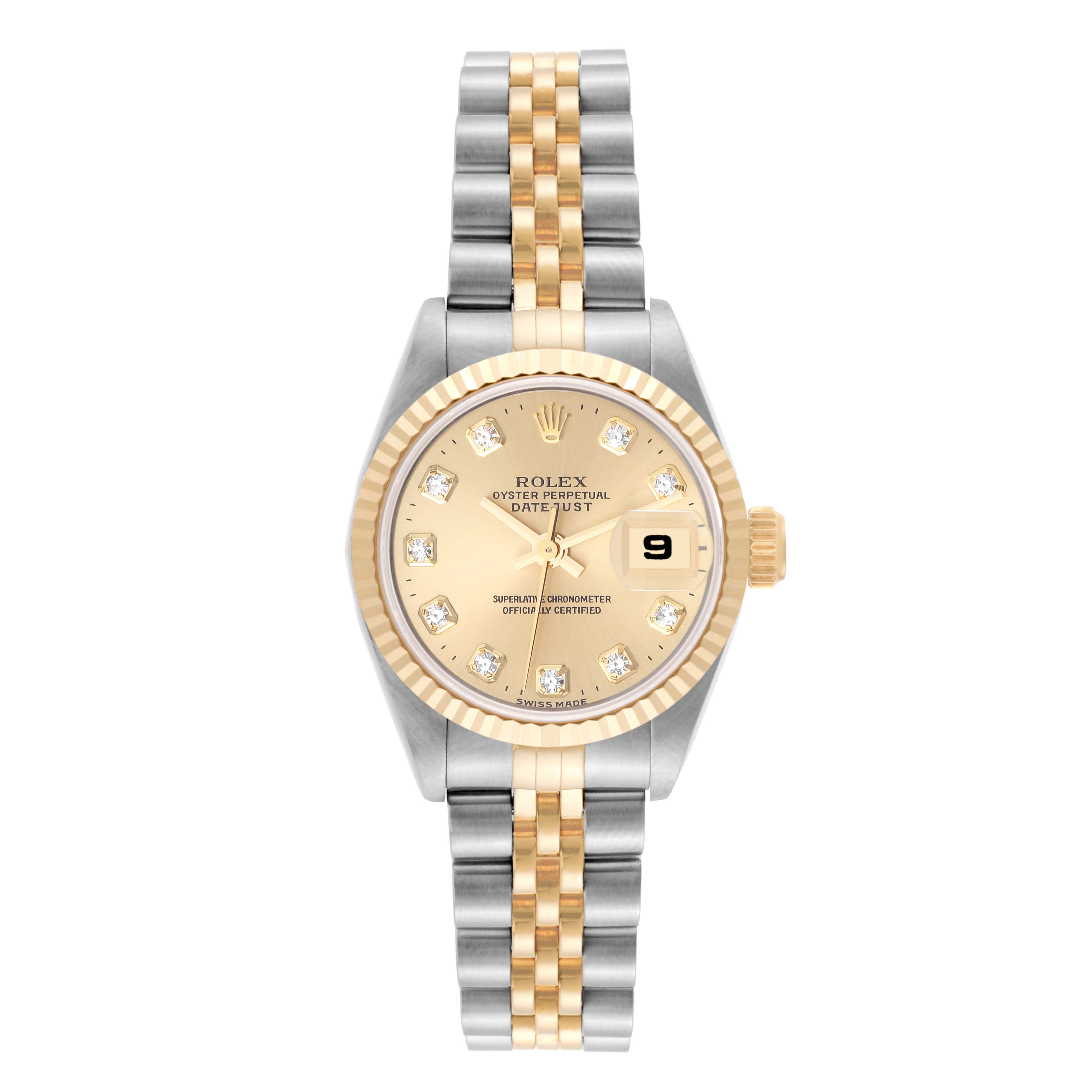 The image shows a front view of the Rolex Datejust 69173 Women's Steel and Gold (two tone) Champagne Dial 69173 Women's Steel and Gold (two tone) Champagne Dial watch, showcasing its bicolor strap, gold fluted bezel, and date window.