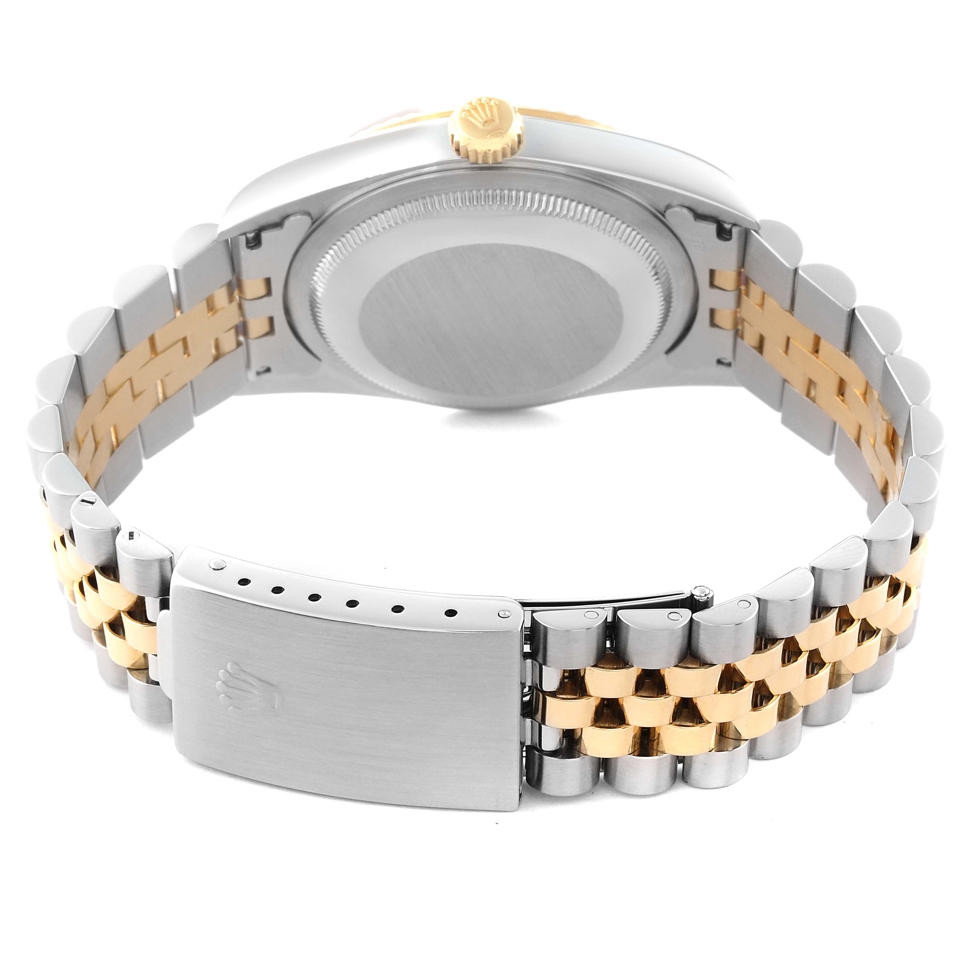 The image shows the back view of a Rolex Datejust 16233 Men's Steel and Gold (two tone) Black Dial 16233 Men's Steel and Gold (two tone) Black Dial watch, highlighting the case back and two-tone bracelet with the clasp open.