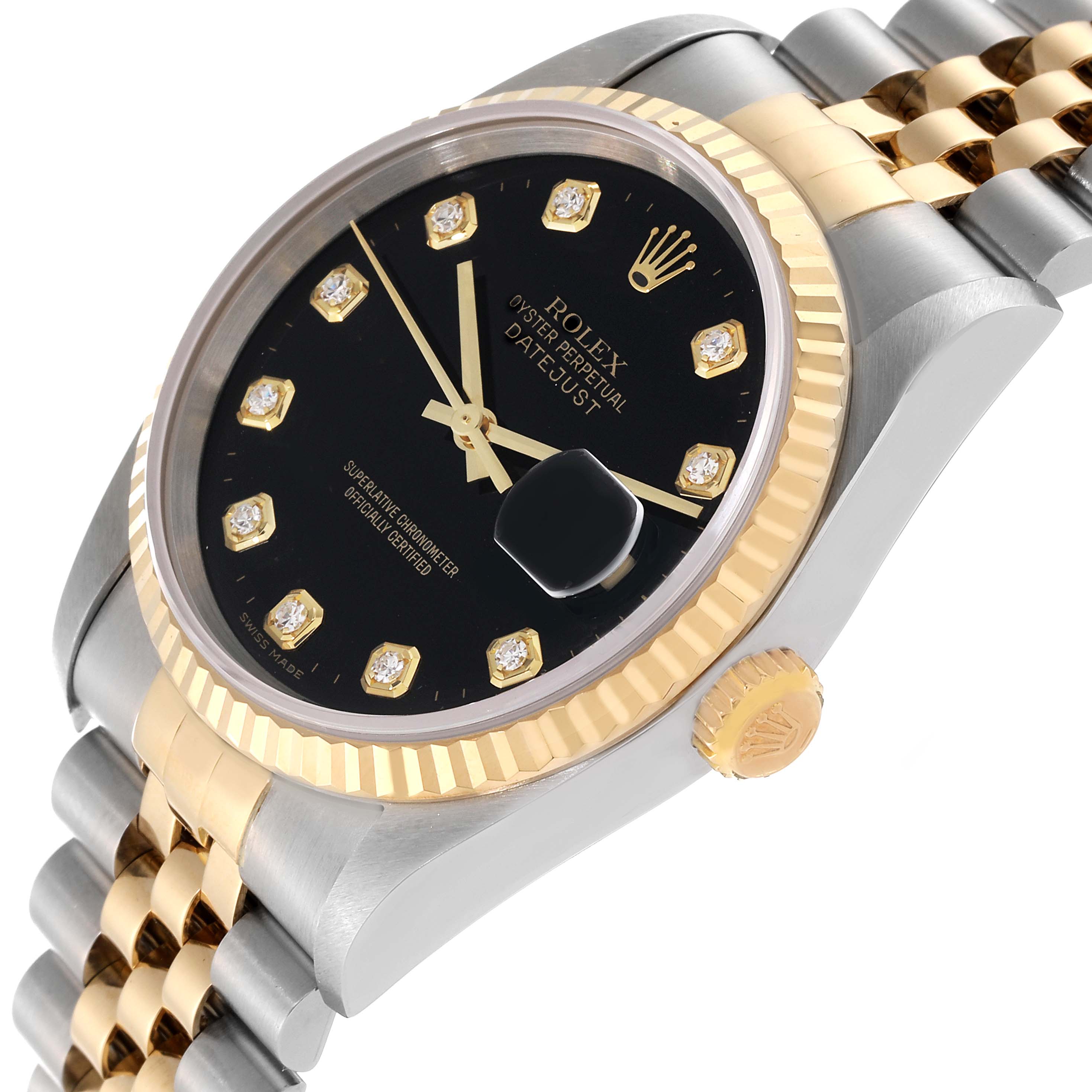 The Rolex Datejust 16233 Men's Steel and Gold (two tone) Black Dial 16233 Men's Steel and Gold (two tone) Black Dial watch is shown at a slight side angle, displaying the dial, bezel, crown, and part of the bracelet.