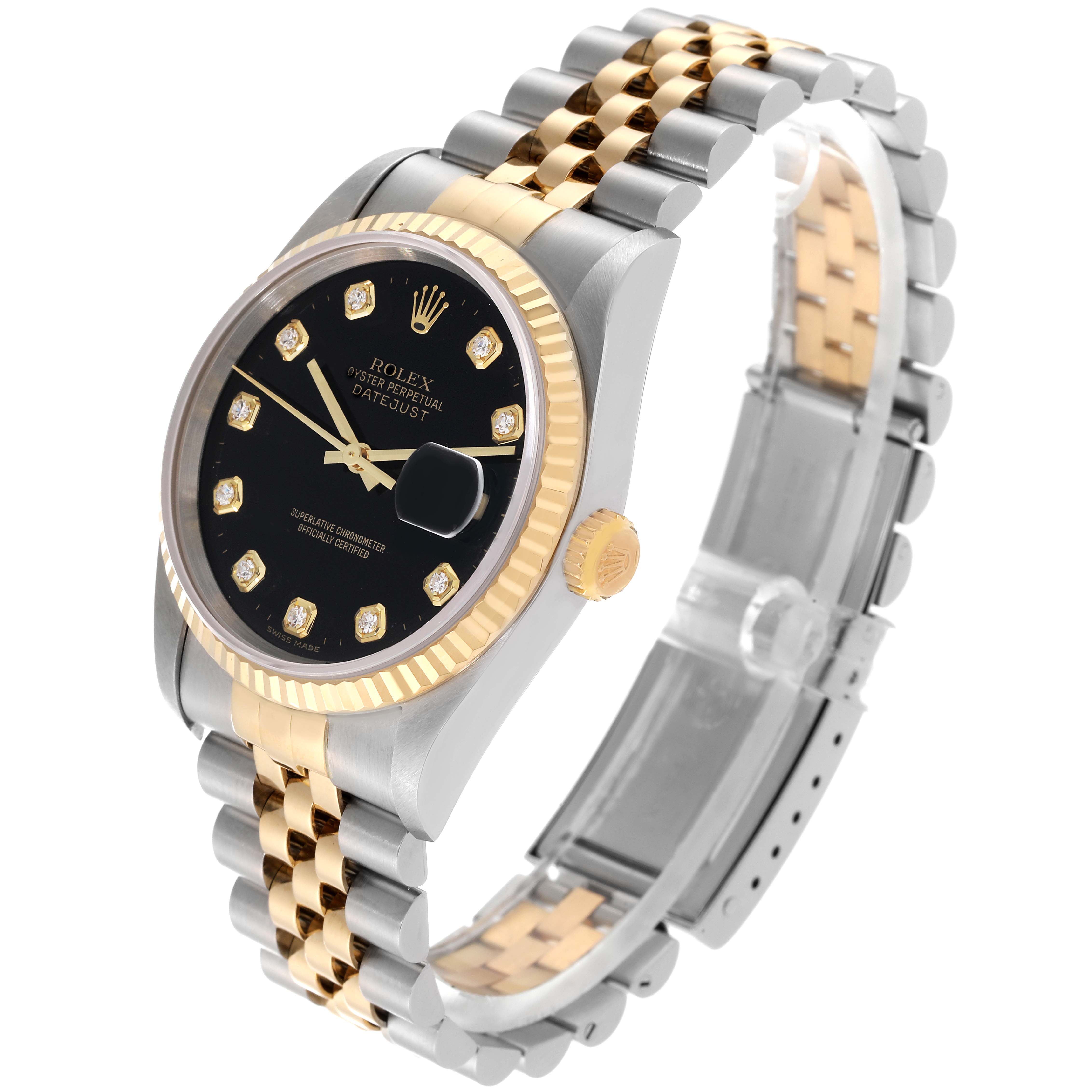 The image shows a Rolex Datejust 16233 Men's Steel and Gold (two tone) Black Dial 16233 Men's Steel and Gold (two tone) Black Dial watch at a slight angle, highlighting the face, bezel, crown, and two-tone bracelet.