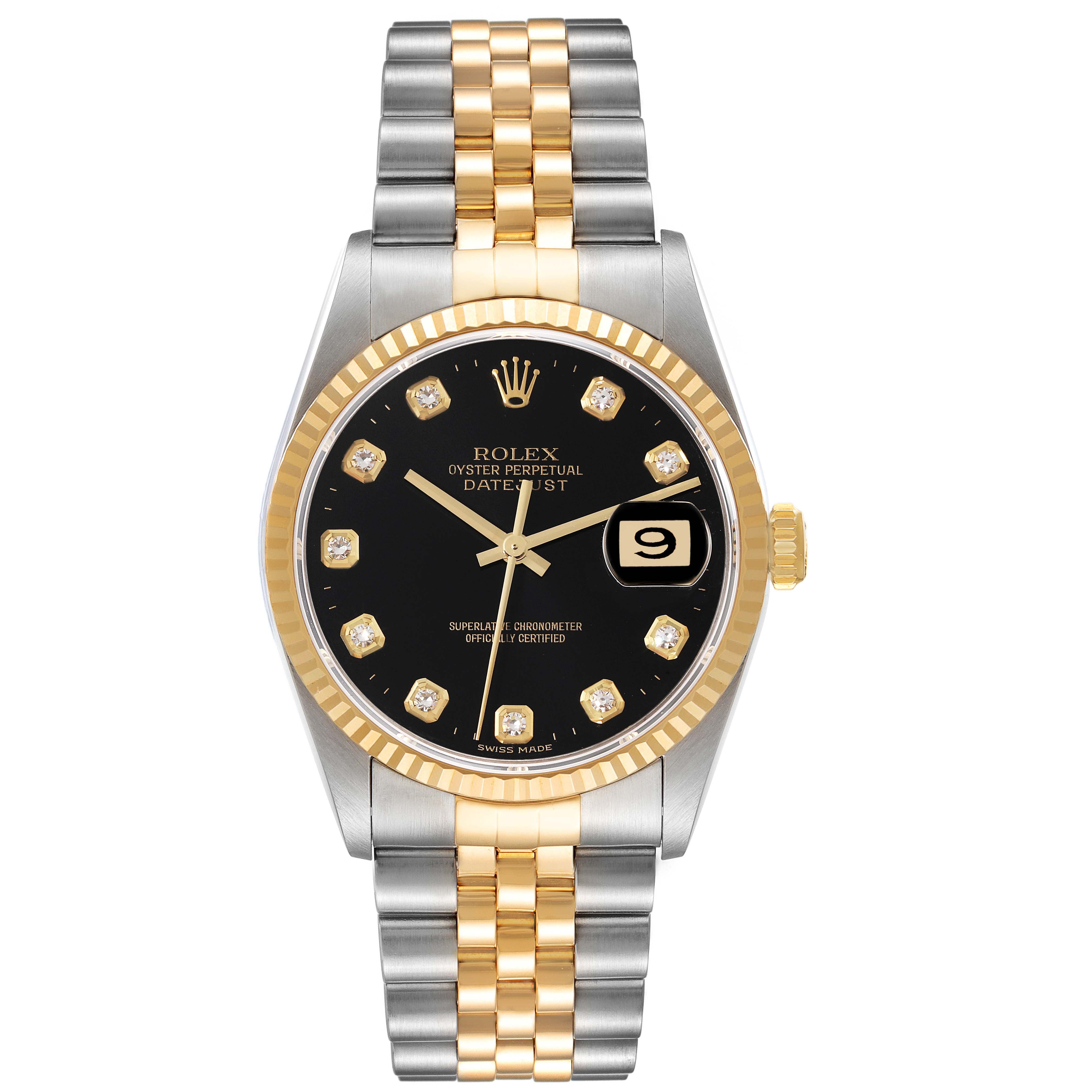 The image shows a Rolex Datejust 16233 Men's Steel and Gold (two tone) Black Dial 16233 Men's Steel and Gold (two tone) Black Dial watch from a front angle, highlighting the dial, bezel, and bracelet.