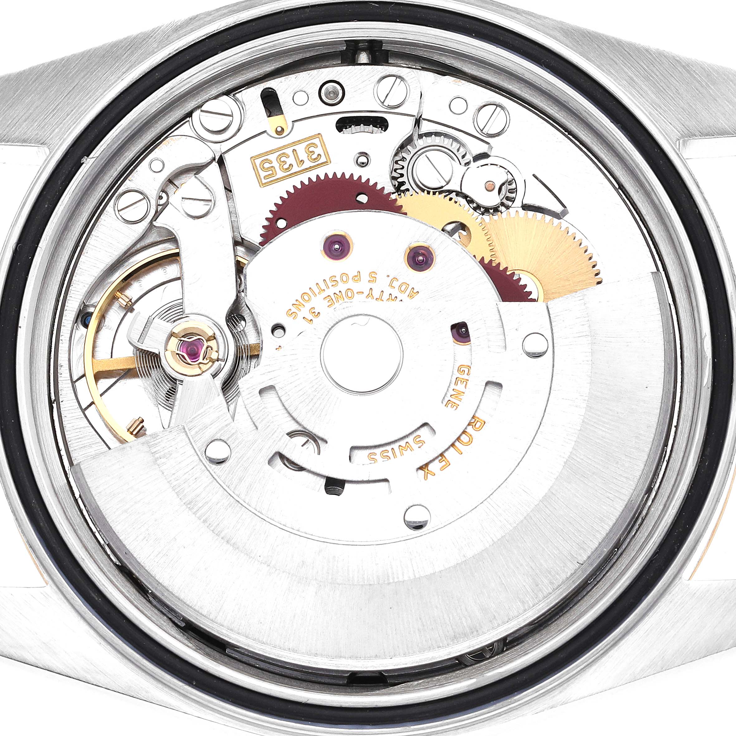This image shows the internal mechanism and movement components of a Rolex Datejust 16233 Men's Steel and Gold (two tone) Black Dial 16233 Men's Steel and Gold (two tone) Black Dial watch from a back angle.
