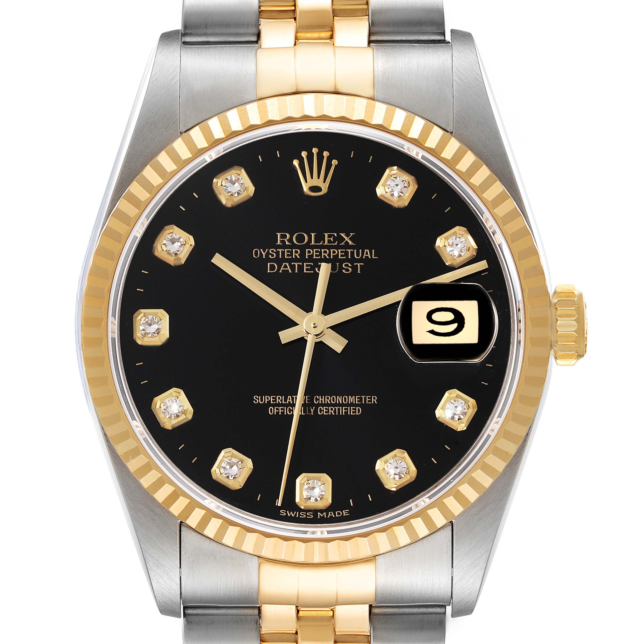 This image shows the face and part of the bracelet of a Rolex Datejust 16233 Men's Steel and Gold (two tone) Black Dial 16233 Men's Steel and Gold (two tone) Black Dial watch, highlighting the dial, hands, bezel, and crown.