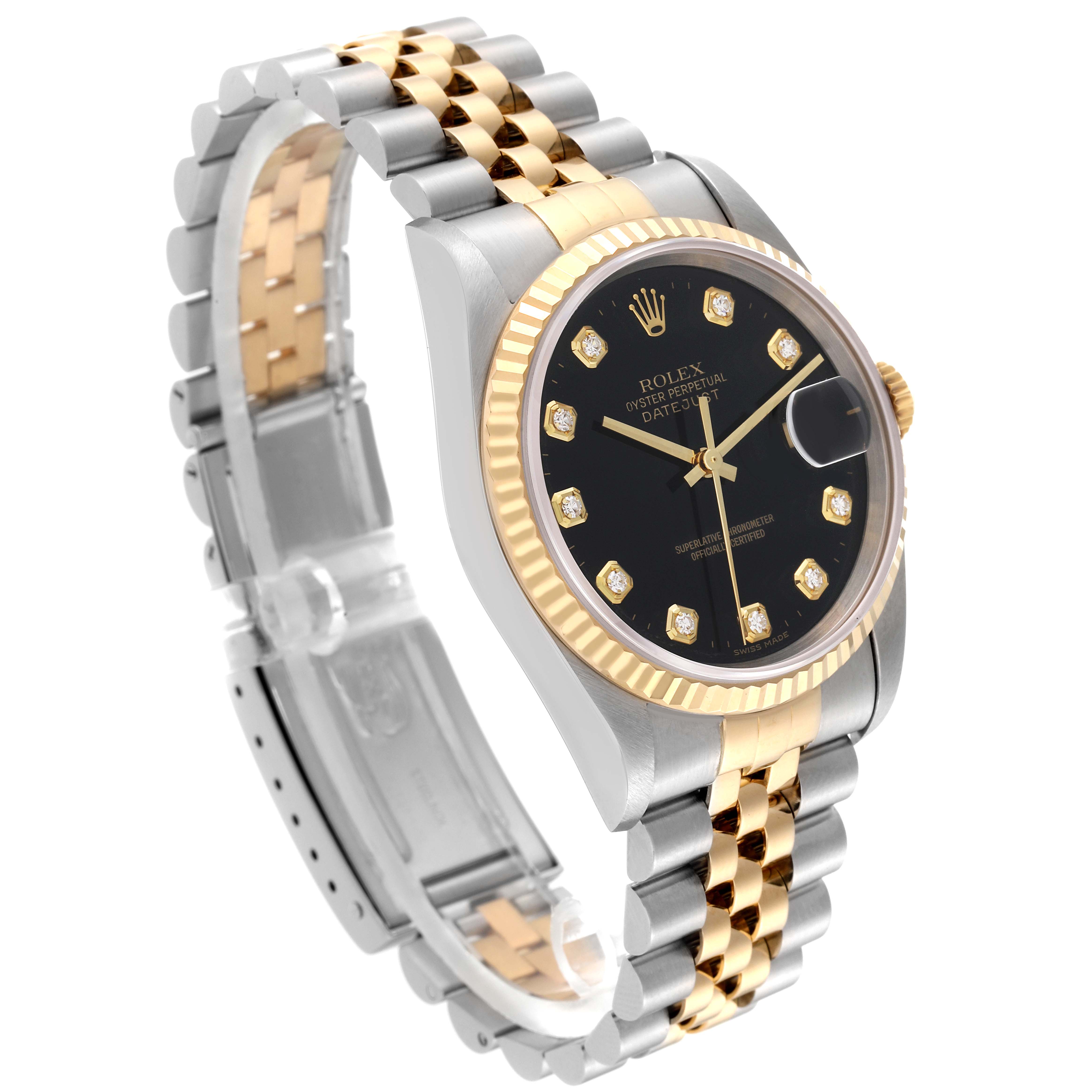 The image shows a Rolex Datejust 16233 Men's Steel and Gold (two tone) Black Dial 16233 Men's Steel and Gold (two tone) Black Dial watch from a side angle, highlighting its black dial, diamond hour markers, and two-tone bracelet.