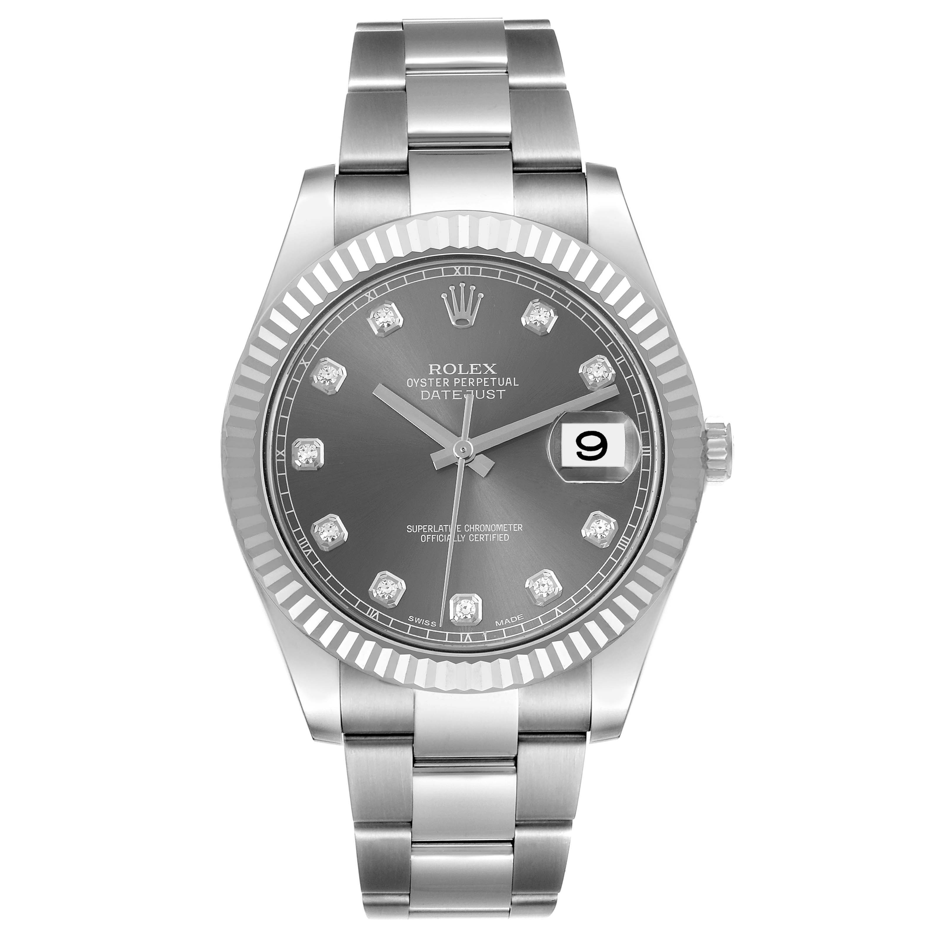 The Rolex Datejust 41 116334 Men's Stainless Steel Grey Dial 116334 Men's Stainless Steel Grey Dial is shown from a front angle, displaying the dial, bezel, bracelet, and date.