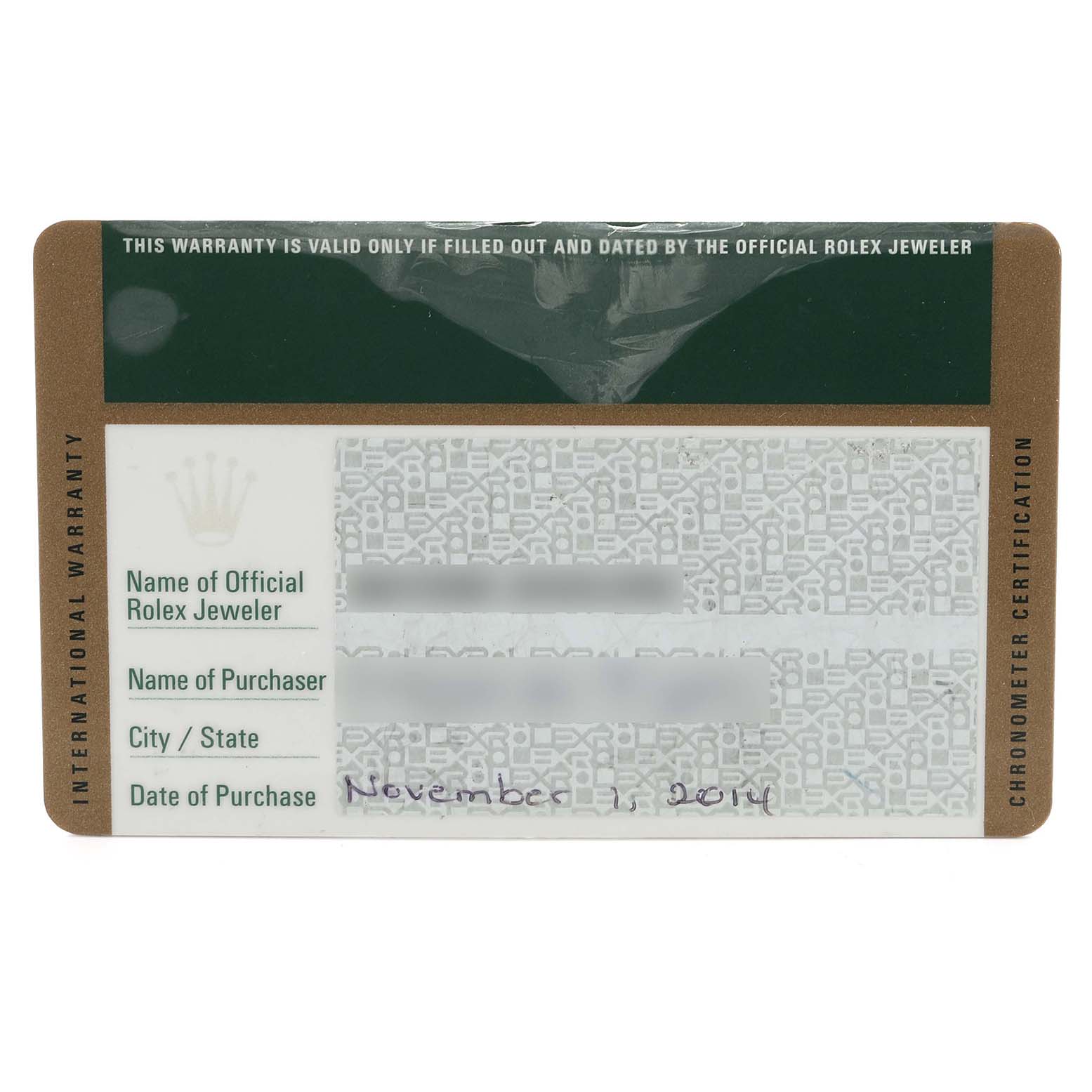 This image shows the international warranty card for a Rolex Datejust 41 116334 Men's Stainless Steel Grey Dial 116334 Men's Stainless Steel Grey Dial watch.