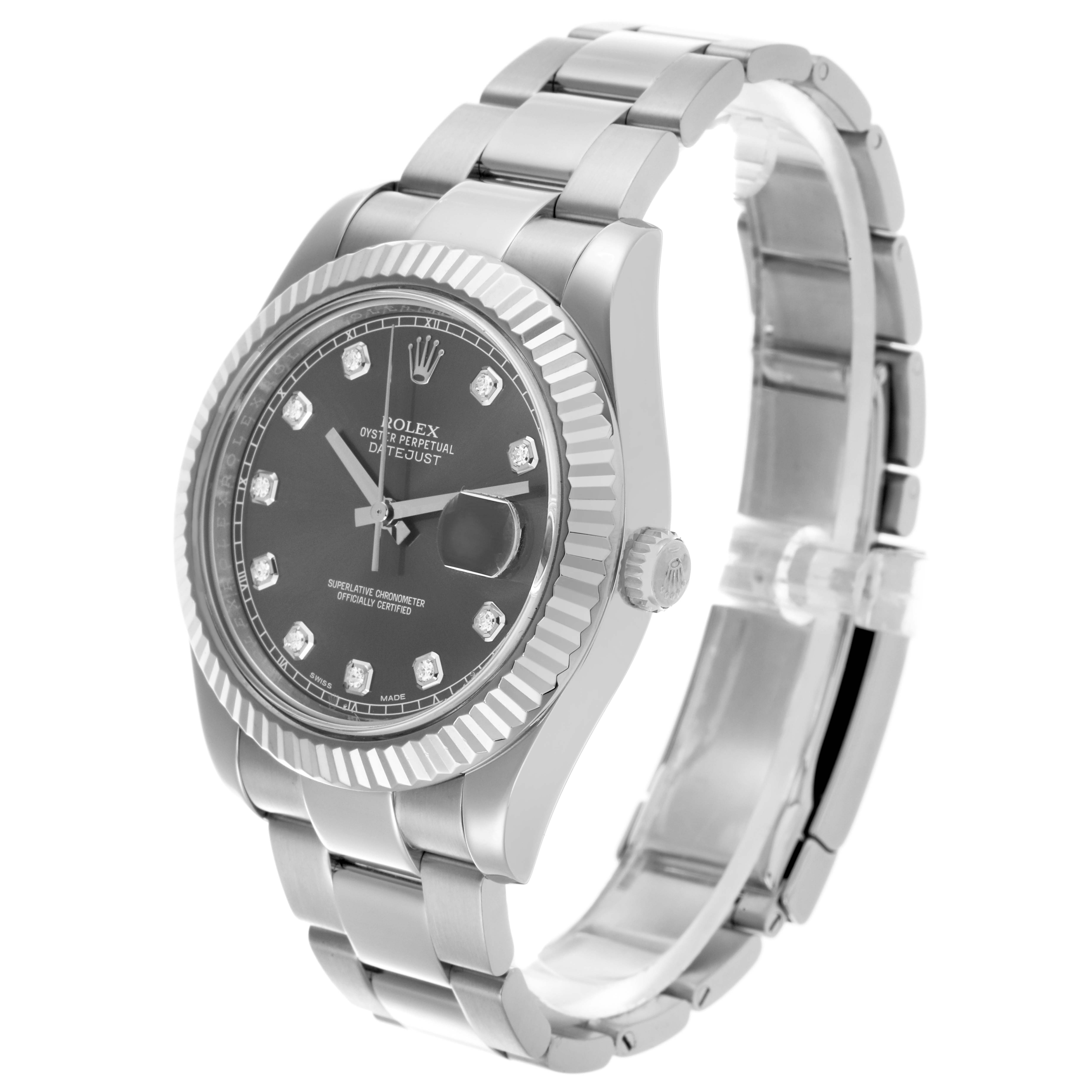 The Rolex Datejust 41 116334 Men's Stainless Steel Grey Dial 116334 Men's Stainless Steel Grey Dial is shown at a three-quarter angle, highlighting the face, bezel, crown, and bracelet.