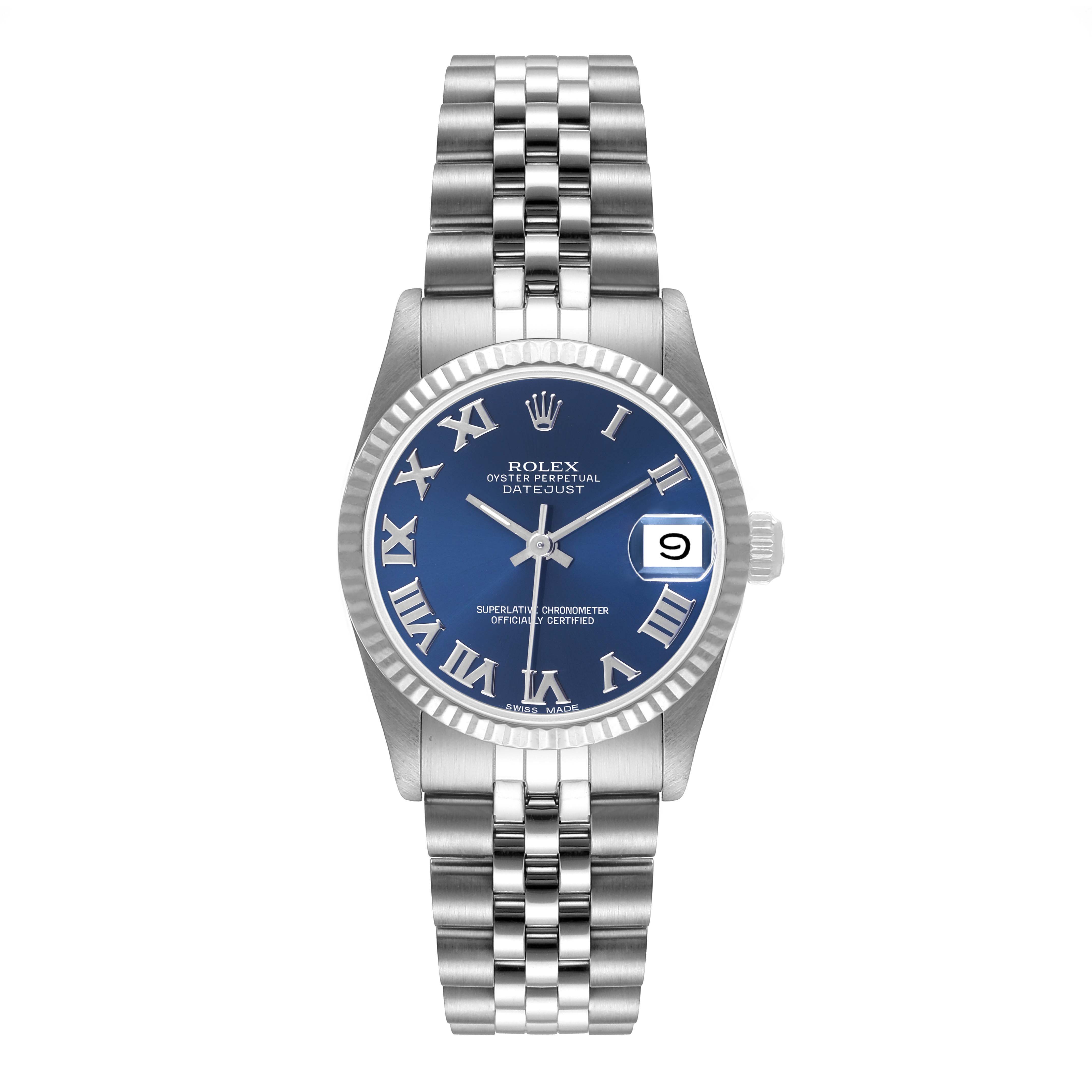 This image shows a frontal view of a Rolex Mid-Size 68274 Women's Stainless Steel Blue Dial 68274 Women's Stainless Steel Blue Dial Oyster Perpetual Datejust with a blue dial, Roman numerals, and Jubilee bracelet.