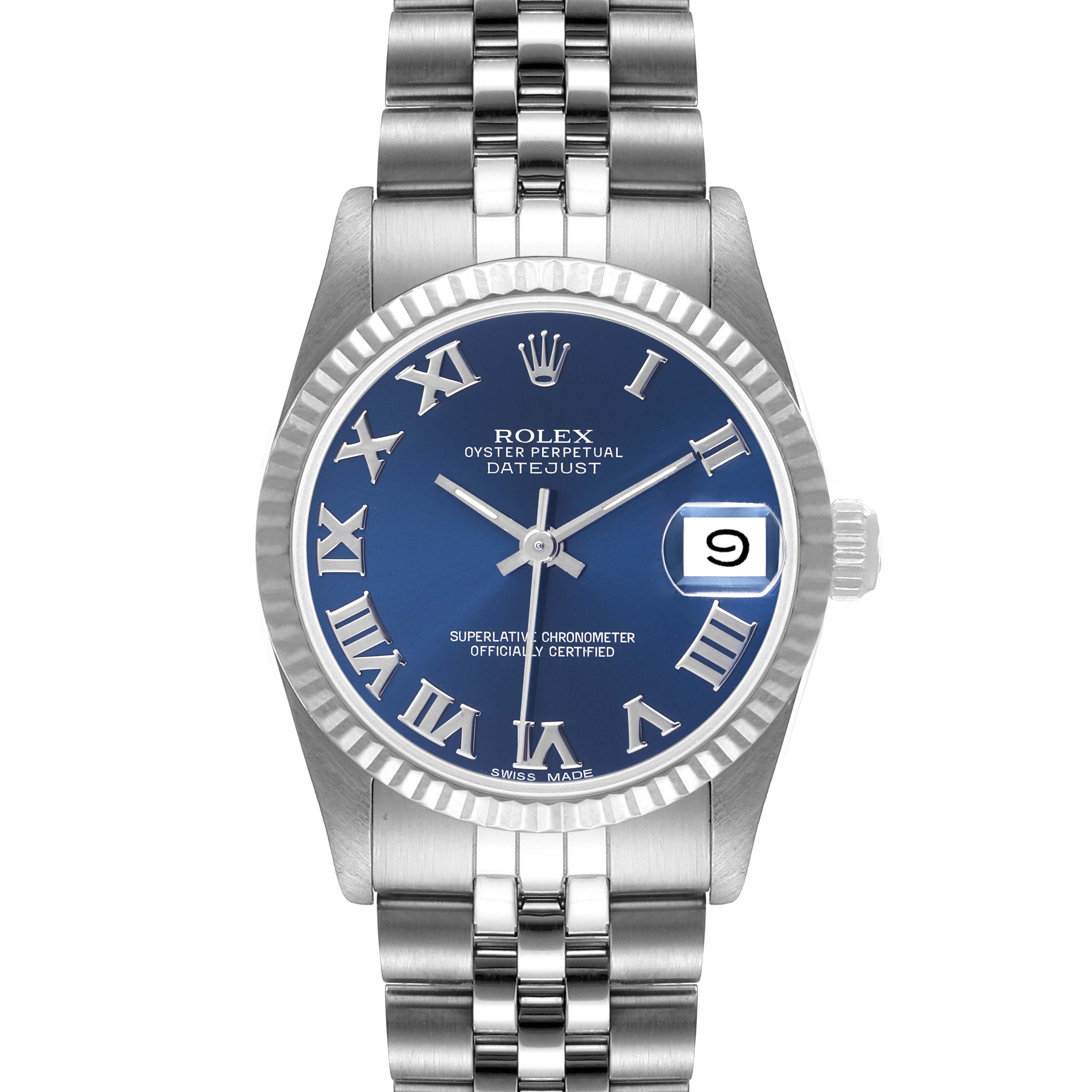 This is a front view of a Mid-Size Rolex Datejust watch, showcasing its blue dial, Roman numerals, date display, and bracelet.